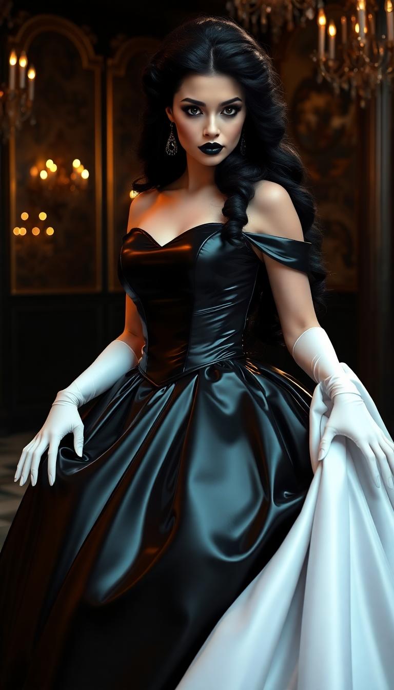 Belle from beauty and the beast, shiny black latex ballgown, the opera gloves are shiny white latex, long black hair in an elegant curly style. Her lips painted shiny black. Heavy dark makeup. In a drk gothic ballroom