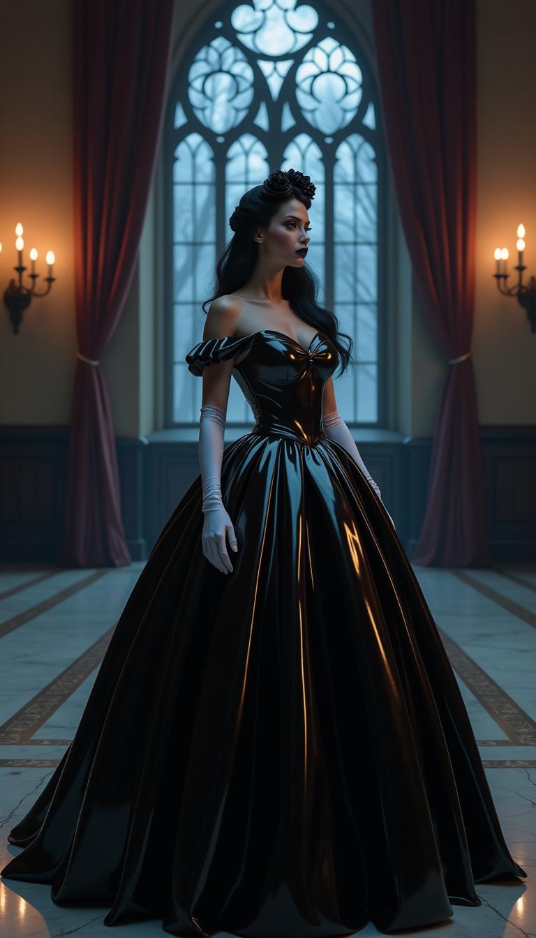 A stunning portrait of Belle from Beauty and the Beast, reimagined in a dark, gothic aesthetic. She wears a shiny black latex ballgown, the material gleaming with a polished, reflective sheen that catches faint candlelight, accentuating every curve and fold of the voluminous skirt. Her opera gloves are made of shiny white latex, contrasting starkly with the gown, their smooth texture reflecting subtle highlights. Belle's long black hair is styled in elegant, cascading curls with s crown made of black roses, framing her face with a timeless sophistication. Her lips are painted a bold, shiny black, mirroring the gown's luster, while heavy dark makeup—smoky eyeshadow and sharp eyeliner—enhances her intense, mysterious gaze. The scene is set in a grand, dimly lit gothic ballroom, with towering arched windows draped in tattered velvet curtains, cracked marble floors, and flickering chandeliers casting eerie shadows. The composition focuses on Belle standing at the center, slightly turned to the side, her posture regal yet haunting, with the camera at a low angle to emphasize her commanding presence and the dramatic height of the gown. The mood is somber and enigmatic, with a cold, bluish moonlight filtering through the windows, blending with the warm, flickering glow of candles, creating an atmosphere of melancholic elegance. Rendered in a hyper-realistic style with a cinematic quality, inspired by gothic romanticism and high-fashion photography, with meticulous attention to texture, lighting contrast, and intricate details.