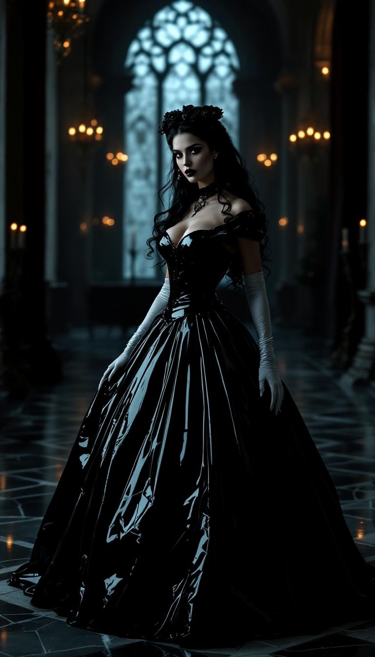 A stunning portrait of Belle from Beauty and the Beast, reimagined in a dark, gothic aesthetic. She wears a shiny black latex ballgown, the material gleaming with a polished, reflective sheen that catches faint candlelight, accentuating every curve and fold of the voluminous skirt. Her opera gloves are made of shiny white latex, contrasting starkly with the gown, their smooth texture reflecting subtle highlights. Belle's long black hair is styled in elegant, cascading curls with s crown made of black roses, framing her face with a timeless sophistication. Her lips are painted a bold, shiny black, mirroring the gown's luster, while heavy dark makeup—smoky eyeshadow and sharp eyeliner—enhances her intense, mysterious gaze. The scene is set in a grand, dimly lit gothic ballroom, with towering arched windows draped in tattered velvet curtains, cracked marble floors, and flickering chandeliers casting eerie shadows. The composition focuses on Belle standing at the center, slightly turned to the side, her posture regal yet haunting, with the camera at a low angle to emphasize her commanding presence and the dramatic height of the gown. The mood is somber and enigmatic, with a cold, bluish moonlight filtering through the windows, blending with the warm, flickering glow of candles, creating an atmosphere of melancholic elegance. Rendered in a hyper-realistic style with a cinematic quality, inspired by gothic romanticism and high-fashion photography, with meticulous attention to texture, lighting contrast, and intricate details.