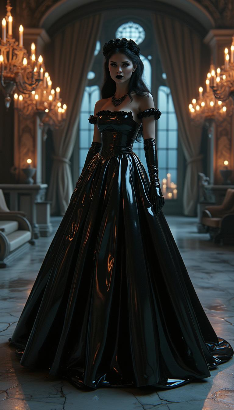 A stunning portrait of Belle from Beauty and the Beast, reimagined in a dark, gothic aesthetic. She wears a shiny black latex ballgown, the material gleaming with a polished, reflective sheen that catches faint candlelight, accentuating every curve and fold of the voluminous skirt. Her opera gloves are made of shiny white latex, contrasting starkly with the gown, their smooth texture reflecting subtle highlights. Belle's long black hair is styled in elegant, cascading curls with s crown made of black roses, framing her face with a timeless sophistication. Her lips are painted a bold, shiny black, mirroring the gown's luster, while heavy dark makeup—smoky eyeshadow and sharp eyeliner—enhances her intense, mysterious gaze. The scene is set in a grand, dimly lit gothic ballroom, with towering arched windows draped in tattered velvet curtains, cracked marble floors, and flickering chandeliers casting eerie shadows. The composition focuses on Belle standing at the center, slightly turned to the side, her posture regal yet haunting, with the camera at a low angle to emphasize her commanding presence and the dramatic height of the gown. The mood is somber and enigmatic, with a cold, bluish moonlight filtering through the windows, blending with the warm, flickering glow of candles, creating an atmosphere of melancholic elegance. Rendered in a hyper-realistic style with a cinematic quality, inspired by gothic romanticism and high-fashion photography, with meticulous attention to texture, lighting contrast, and intricate details.