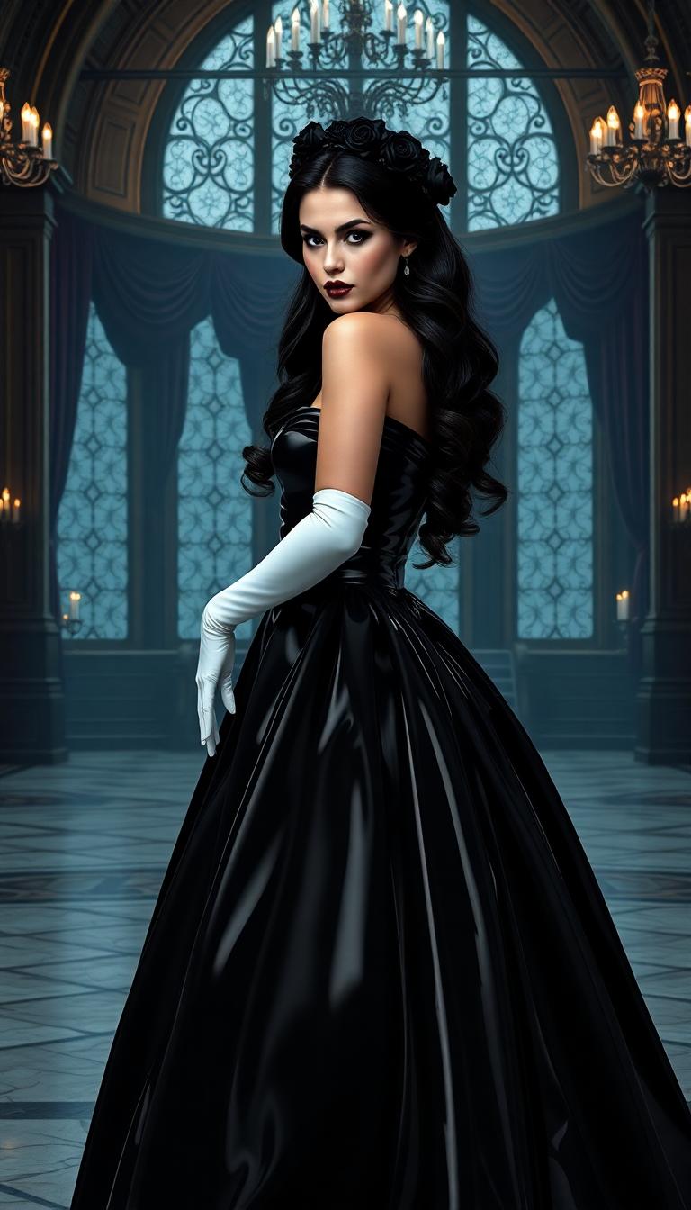 A stunning portrait of Belle from Beauty and the Beast, reimagined in a dark, gothic aesthetic. She wears a shiny black latex ballgown, the material gleaming with a polished, reflective sheen that catches faint candlelight, accentuating every curve and fold of the voluminous skirt. Her opera gloves are made of shiny white latex, contrasting starkly with the gown, their smooth texture reflecting subtle highlights. Belle's long black hair is styled in elegant, cascading curls with s crown made of black roses, framing her face with a timeless sophistication. Her lips are painted a bold, shiny black, mirroring the gown's luster, while heavy dark makeup—smoky eyeshadow and sharp eyeliner—enhances her intense, mysterious gaze. The scene is set in a grand, dimly lit gothic ballroom, with towering arched windows draped in tattered velvet curtains, cracked marble floors, and flickering chandeliers casting eerie shadows. The composition focuses on Belle standing at the center, slightly turned to the side, her posture regal yet haunting, with the camera at a low angle to emphasize her commanding presence and the dramatic height of the gown. The mood is somber and enigmatic, with a cold, bluish moonlight filtering through the windows, blending with the warm, flickering glow of candles, creating an atmosphere of melancholic elegance. Rendered in a hyper-realistic style with a cinematic quality, inspired by gothic romanticism and high-fashion photography, with meticulous attention to texture, lighting contrast, and intricate details. By her side is the classic version of the Beast