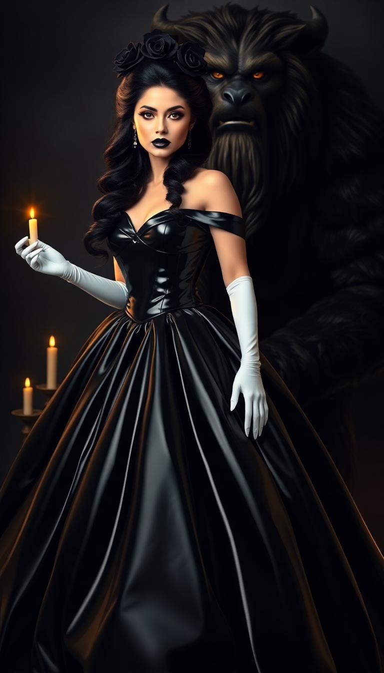 A breathtaking portrait of Belle from Beauty and the Beast, reimagined in a dark, gothic aesthetic, alongside the classic Beast. Belle stands as the focal point, exuding regal yet haunting beauty, dressed in a striking black latex ballgown with a polished, reflective sheen that captures faint candlelight, highlighting every dramatic curve and fold of the voluminous, floor-sweeping skirt. Her opera gloves, made of shiny white latex, create a stark contrast, their smooth texture reflecting subtle highlights that draw the eye. Belle's long black hair cascades in elegant, voluminous curls, adorned with a crown of intricately detailed black roses, framing her face with timeless sophistication. Her bold, shiny black lips mirror the gown's luster, while heavy dark makeup—deep smoky eyeshadow and razor-sharp eyeliner—intensifies her mysterious, piercing gaze. By her side, the Beast stands in his classic form, towering and imposing, with matted fur, sharp claws, and a rugged, yet noble demeanor, his eyes reflecting a mix of ferocity and sorrow, complementing Belle’s enigmatic aura.

The scene unfolds in a grand, dimly lit gothic ballroom, steeped in decay and opulence. Towering arched windows, draped in tattered, deep crimson velvet curtains, allow slivers of cold, bluish moonlight to filter through, casting ethereal patterns on the cracked, weathered marble floors. Flickering chandeliers overhead emit a warm, wavering glow, creating eerie shadows that dance across intricate, crumbling stone walls adorned with faded gothic carvings. The composition centers on Belle, positioned slightly turned to the side, her posture commanding and poised, with the Beast standing protectively close, his massive frame adding a sense of raw power to the frame. The camera is angled low, emphasizing Belle’s towering presence and the dramatic height of her gown, while also capturing the Beast’s imposing stature, framing both figures against the cavernous, shadowy ballroom.

The mood is somber and enigmatic, steeped in melancholic elegance, with a haunting interplay of light and shadow. The cold moonlight blends with the warm, flickering candlelight, creating a cinematic contrast that enhances the textures of latex, fur, and stone. The atmosphere evokes a sense of timeless tragedy, as if frozen in a moment of forbidden romance. Rendered in a hyper-realistic style with cinematic quality, inspired by gothic romanticism and high-fashion photography, with meticulous attention to detail—every gleam of latex, every strand of fur, every crack in the marble floor—and dramatic lighting contrasts that heighten the depth and emotion of the