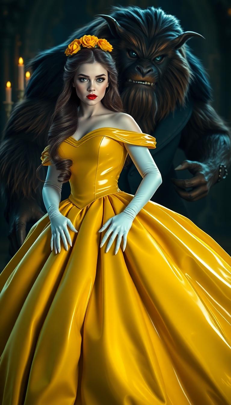 A breathtaking portrait of Belle from Beauty and the Beast, reimagined in a dark, gothic aesthetic, alongside the classic Beast. Belle stands as the focal point, exuding regal yet haunting beauty, dressed in a striking yellow latex ballgown with a polished, reflective sheen that captures faint candlelight, highlighting every dramatic curve and fold of the voluminous, floor-sweeping skirt. Her opera gloves, made of shiny white latex, create a stark contrast, their smooth texture reflecting subtle highlights that draw the eye. Belle's long brown hair cascades in elegant, voluminous curls, adorned with a crown of intricately detailed roses, framing her face with timeless sophistication. Her bold, shiny red lips mirror the gown's luster, while heavy dark makeup—deep smoky eyeshadow and razor-sharp eyeliner—intensifies her mysterious, piercing gaze. By her side, the Beast stands in his classic form, towering and imposing, with matted fur, sharp claws, and a rugged, yet noble demeanor, his eyes reflecting a mix of ferocity and sorrow, complementing Belle’s enigmatic aura.

The scene unfolds in a grand, dimly lit gothic ballroom, steeped in decay and opulence. Towering arched windows, draped in tattered, deep crimson velvet curtains, allow slivers of cold, bluish moonlight to filter through, casting ethereal patterns on the cracked, weathered marble floors. Flickering chandeliers overhead emit a warm, wavering glow, creating eerie shadows that dance across intricate, crumbling stone walls adorned with faded gothic carvings. The composition centers on Belle, positioned slightly turned to the side, her posture commanding and poised, with the Beast standing protectively close, his massive frame adding a sense of raw power to the frame. The camera is angled low, emphasizing Belle’s towering presence and the dramatic height of her gown, while also capturing the Beast’s imposing stature, framing both figures against the cavernous, shadowy ballroom.

The mood is somber and enigmatic, steeped in melancholic elegance, with a haunting interplay of light and shadow. The cold moonlight blends with the warm, flickering candlelight, creating a cinematic contrast that enhances the textures of latex, fur, and stone. The atmosphere evokes a sense of timeless tragedy, as if frozen in a moment of forbidden romance. Rendered in a hyper-realistic style with cinematic quality, inspired by gothic romanticism and high-fashion photography, with meticulous attention to detail—every gleam of latex, every strand of fur, every crack in the marble floor—and dramatic lighting contrasts that heighten the depth and emotion of the