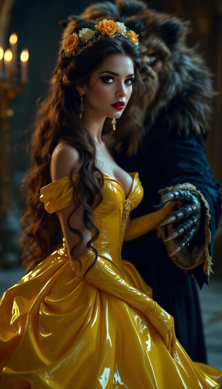 A breathtaking portrait of Belle from Beauty and the Beast, reimagined in a dark, gothic aesthetic, alongside the classic Beast. Belle stands as the focal point, exuding regal yet haunting beauty, dressed in a striking yellow latex ballgown with a polished, reflective sheen that captures faint candlelight, highlighting every dramatic curve and fold of the voluminous, floor-sweeping skirt. Her opera gloves, made of shiny white latex, create a stark contrast, their smooth texture reflecting subtle highlights that draw the eye. Belle's long brown hair cascades in elegant, voluminous curls, adorned with a crown of intricately detailed roses, framing her face with timeless sophistication. Her bold, shiny red lips mirror the gown's luster, while heavy dark makeup—deep smoky eyeshadow and razor-sharp eyeliner—intensifies her mysterious, piercing gaze. By her side, the Beast stands in his classic form, towering and imposing, with matted fur, sharp claws, and a rugged, yet noble demeanor, his eyes reflecting a mix of ferocity and sorrow, complementing Belle’s enigmatic aura.

The scene unfolds in a grand, dimly lit gothic ballroom, steeped in decay and opulence. Towering arched windows, draped in tattered, deep crimson velvet curtains, allow slivers of cold, bluish moonlight to filter through, casting ethereal patterns on the cracked, weathered marble floors. Flickering chandeliers overhead emit a warm, wavering glow, creating eerie shadows that dance across intricate, crumbling stone walls adorned with faded gothic carvings. The composition centers on Belle, positioned slightly turned to the side, her posture commanding and poised, with the Beast standing protectively close, his massive frame adding a sense of raw power to the frame. The camera is angled low, emphasizing Belle’s towering presence and the dramatic height of her gown, while also capturing the Beast’s imposing stature, framing both figures against the cavernous, shadowy ballroom.

The mood is somber and enigmatic, steeped in melancholic elegance, with a haunting interplay of light and shadow. The cold moonlight blends with the warm, flickering candlelight, creating a cinematic contrast that enhances the textures of latex, fur, and stone. The atmosphere evokes a sense of timeless tragedy, as if frozen in a moment of forbidden romance. Rendered in a hyper-realistic style with cinematic quality, inspired by gothic romanticism and high-fashion photography, with meticulous attention to detail—every gleam of latex, every strand of fur, every crack in the marble floor—and dramatic lighting contrasts that heighten the depth and emotion of the