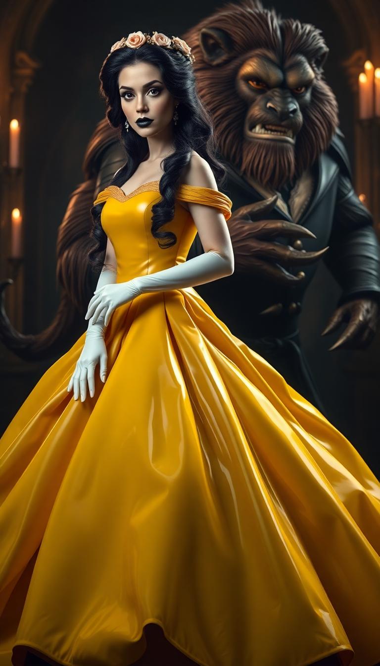A breathtaking portrait of Belle from Beauty and the Beast, reimagined in a dark, gothic aesthetic, alongside the classic Beast. Belle stands as the focal point, exuding regal yet haunting beauty, dressed in a striking yellow latex ballgown with a polished, reflective sheen that captures faint candlelight, highlighting every dramatic curve and fold of the voluminous, floor-sweeping skirt. Her opera gloves, made of shiny white latex, create a stark contrast, their smooth texture reflecting subtle highlights that draw the eye. Belle's long black hair cascades in elegant, voluminous curls, adorned with a crown of intricately detailed roses, framing her face with timeless sophistication. Her bold, shiny black lips mirror the gown's luster, while heavy dark makeup—deep smoky eyeshadow and razor-sharp eyeliner—intensifies her mysterious, piercing gaze. By her side, the Beast stands in his classic form, towering and imposing, with matted fur, sharp claws, and a rugged, yet noble demeanor, his eyes reflecting a mix of ferocity and sorrow, complementing Belle’s enigmatic aura.

The scene unfolds in a grand, dimly lit gothic ballroom, steeped in decay and opulence. Towering arched windows, draped in tattered, deep crimson velvet curtains, allow slivers of cold, bluish moonlight to filter through, casting ethereal patterns on the cracked, weathered marble floors. Flickering chandeliers overhead emit a warm, wavering glow, creating eerie shadows that dance across intricate, crumbling stone walls adorned with faded gothic carvings. The composition centers on Belle, positioned slightly turned to the side, her posture commanding and poised, with the Beast standing protectively close, his massive frame adding a sense of raw power to the frame. The camera is angled low, emphasizing Belle’s towering presence and the dramatic height of her gown, while also capturing the Beast’s imposing stature, framing both figures against the cavernous, shadowy ballroom.

The mood is somber and enigmatic, steeped in melancholic elegance, with a haunting interplay of light and shadow. The cold moonlight blends with the warm, flickering candlelight, creating a cinematic contrast that enhances the textures of latex, fur, and stone. The atmosphere evokes a sense of timeless tragedy, as if frozen in a moment of forbidden romance. Rendered in a hyper-realistic style with cinematic quality, inspired by gothic romanticism and high-fashion photography, with meticulous attention to detail—every gleam of latex, every strand of fur, every crack in the marble floor—and dramatic lighting contrasts that heighten the depth and emotion of the
