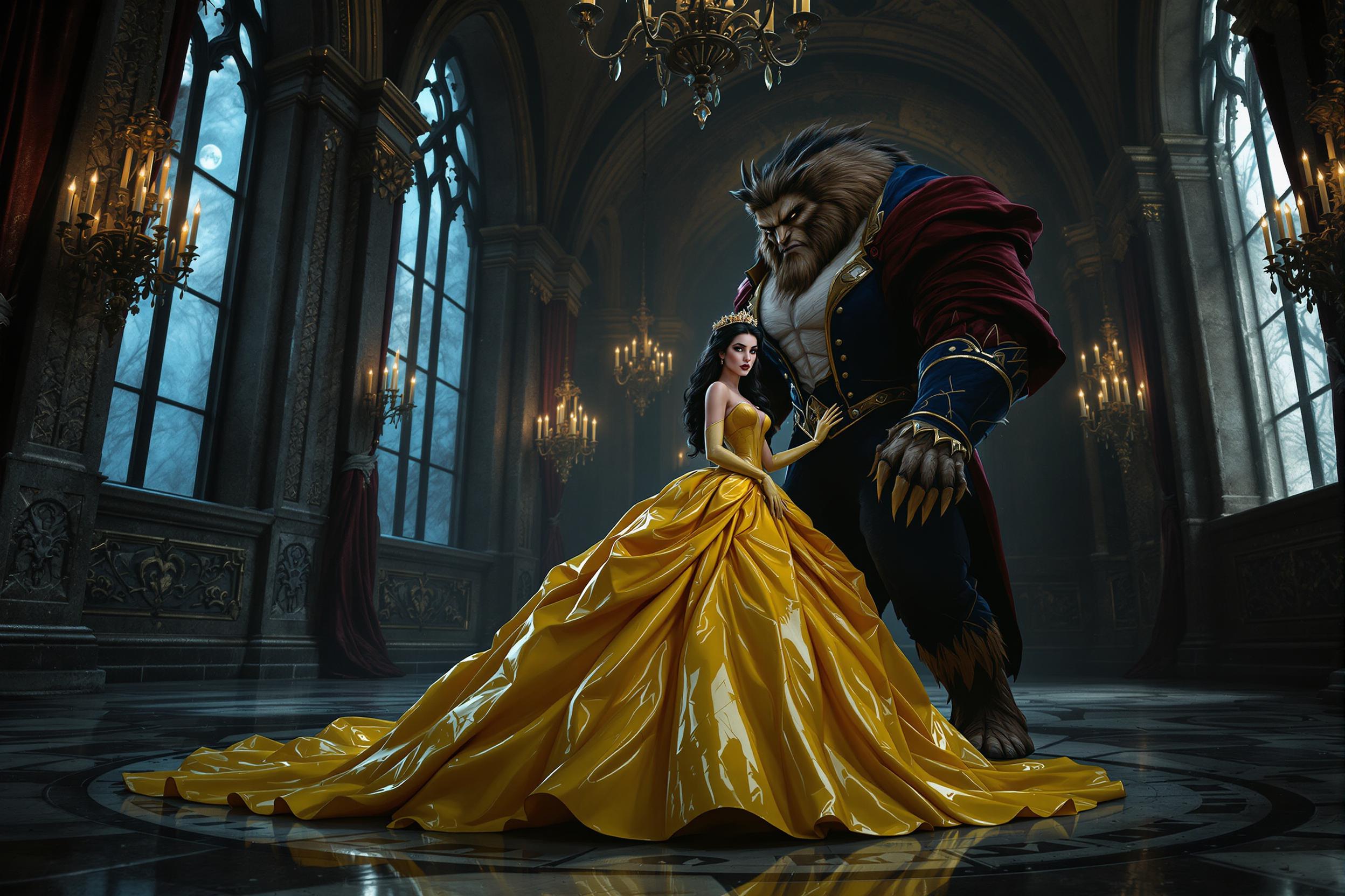 A breathtaking portrait of Belle from Beauty and the Beast, reimagined in a dark, gothic aesthetic, alongside the classic Beast. Belle stands as the focal point, exuding regal yet haunting beauty, dressed in a striking yellow latex ballgown with a polished, reflective sheen that captures faint candlelight, highlighting every dramatic curve and fold of the voluminous, floor-sweeping skirt. Her opera gloves, made of shiny white latex, create a stark contrast, their smooth texture reflecting subtle highlights that draw the eye. Belle's long black hair cascades in elegant, voluminous curls, adorned with a crown of intricately detailed roses, framing her face with timeless sophistication. Her bold, shiny black lips mirror the gown's luster, while heavy dark makeup—deep smoky eyeshadow and razor-sharp eyeliner—intensifies her mysterious, piercing gaze. By her side, the Beast stands in his classic form, towering and imposing, with matted fur, sharp claws, and a rugged, yet noble demeanor, his eyes reflecting a mix of ferocity and sorrow, complementing Belle’s enigmatic aura.

The scene unfolds in a grand, dimly lit gothic ballroom, steeped in decay and opulence. Towering arched windows, draped in tattered, deep crimson velvet curtains, allow slivers of cold, bluish moonlight to filter through, casting ethereal patterns on the cracked, weathered marble floors. Flickering chandeliers overhead emit a warm, wavering glow, creating eerie shadows that dance across intricate, crumbling stone walls adorned with faded gothic carvings. The composition centers on Belle, positioned slightly turned to the side, her posture commanding and poised, with the Beast standing protectively close, his massive frame adding a sense of raw power to the frame. The camera is angled low, emphasizing Belle’s towering presence and the dramatic height of her gown, while also capturing the Beast’s imposing stature, framing both figures against the cavernous, shadowy ballroom.

The mood is somber and enigmatic, steeped in melancholic elegance, with a haunting interplay of light and shadow. The cold moonlight blends with the warm, flickering candlelight, creating a cinematic contrast that enhances the textures of latex, fur, and stone. The atmosphere evokes a sense of timeless tragedy, as if frozen in a moment of forbidden romance. Rendered in a hyper-realistic style with cinematic quality, inspired by gothic romanticism and high-fashion photography, with meticulous attention to detail—every gleam of latex, every strand of fur, every crack in the marble floor—and dramatic lighting contrasts that heighten the depth and emotion of the