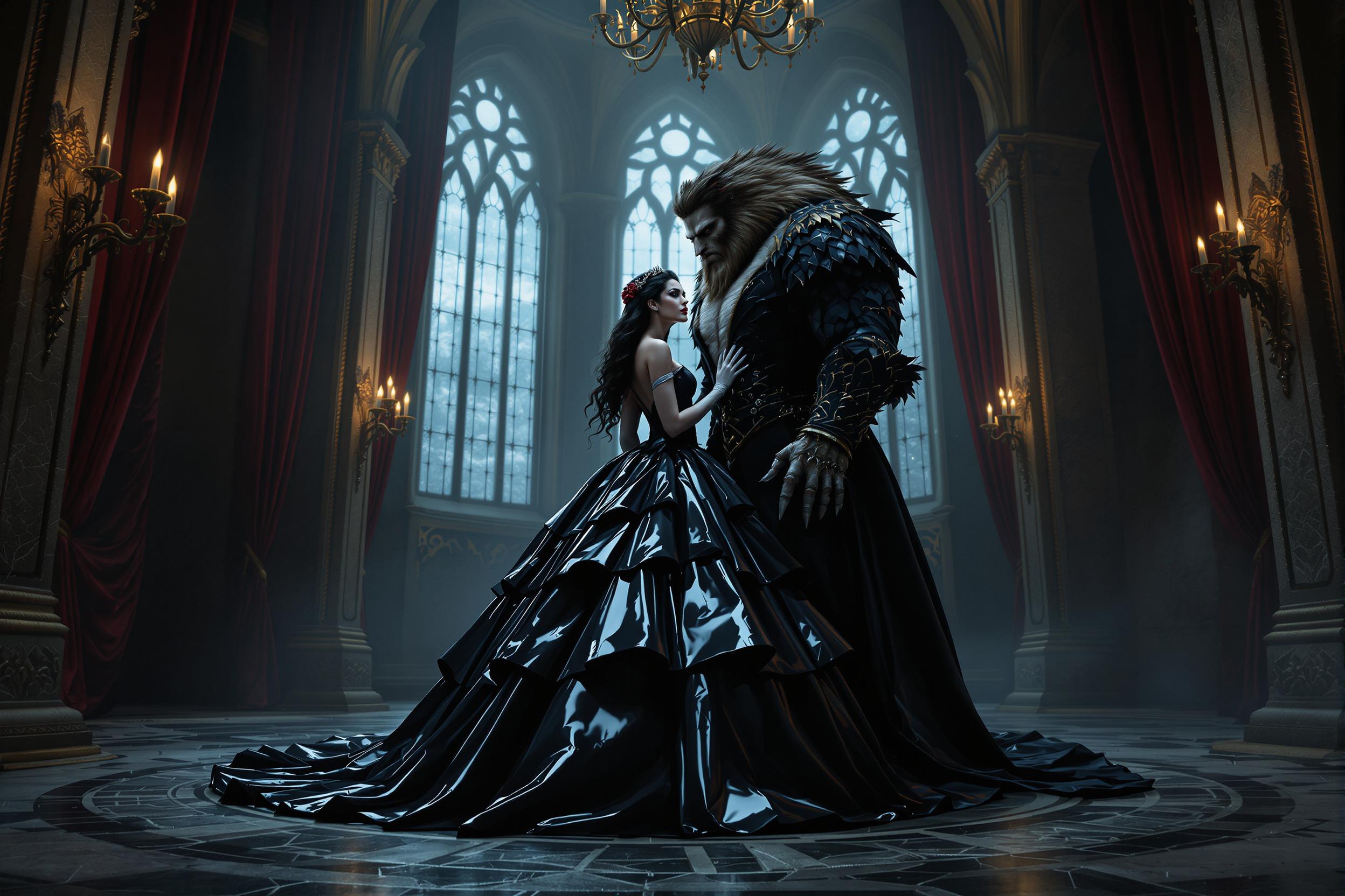 A breathtaking portrait of Belle from Beauty and the Beast, reimagined in a dark, gothic aesthetic, alongside the classic Beast. Belle stands as the focal point, exuding regal yet haunting beauty, dressed in a striking black latex ballgown with a polished, reflective sheen that captures faint candlelight, highlighting every dramatic curve and fold of the voluminous, floor-sweeping skirt. Her opera gloves, made of shiny white latex, create a stark contrast, their smooth texture reflecting subtle highlights that draw the eye. Belle's long black hair cascades in elegant, voluminous curls, adorned with a crown of intricately detailed roses, framing her face with timeless sophistication. Her bold, shiny black lips mirror the gown's luster, while heavy dark makeup—deep smoky eyeshadow and razor-sharp eyeliner—intensifies her mysterious, piercing gaze. By her side, the Beast stands in his classic form, towering and imposing, with matted fur, sharp claws, and a rugged, yet noble demeanor, his eyes reflecting a mix of ferocity and sorrow, complementing Belle’s enigmatic aura.

The scene unfolds in a grand, dimly lit gothic ballroom, steeped in decay and opulence. Towering arched windows, draped in tattered, deep crimson velvet curtains, allow slivers of cold, bluish moonlight to filter through, casting ethereal patterns on the cracked, weathered marble floors. Flickering chandeliers overhead emit a warm, wavering glow, creating eerie shadows that dance across intricate, crumbling stone walls adorned with faded gothic carvings. The composition centers on Belle, positioned slightly turned to the side, her posture commanding and poised, with the Beast standing protectively close, his massive frame adding a sense of raw power to the frame. The camera is angled low, emphasizing Belle’s towering presence and the dramatic height of her gown, while also capturing the Beast’s imposing stature, framing both figures against the cavernous, shadowy ballroom.

The mood is somber and enigmatic, steeped in melancholic elegance, with a haunting interplay of light and shadow. The cold moonlight blends with the warm, flickering candlelight, creating a cinematic contrast that enhances the textures of latex, fur, and stone. The atmosphere evokes a sense of timeless tragedy, as if frozen in a moment of forbidden romance. Rendered in a hyper-realistic style with cinematic quality, inspired by gothic romanticism and high-fashion photography, with meticulous attention to detail—every gleam of latex, every strand of fur, every crack in the marble floor—and dramatic lighting contrasts that heighten the depth and emotion of the