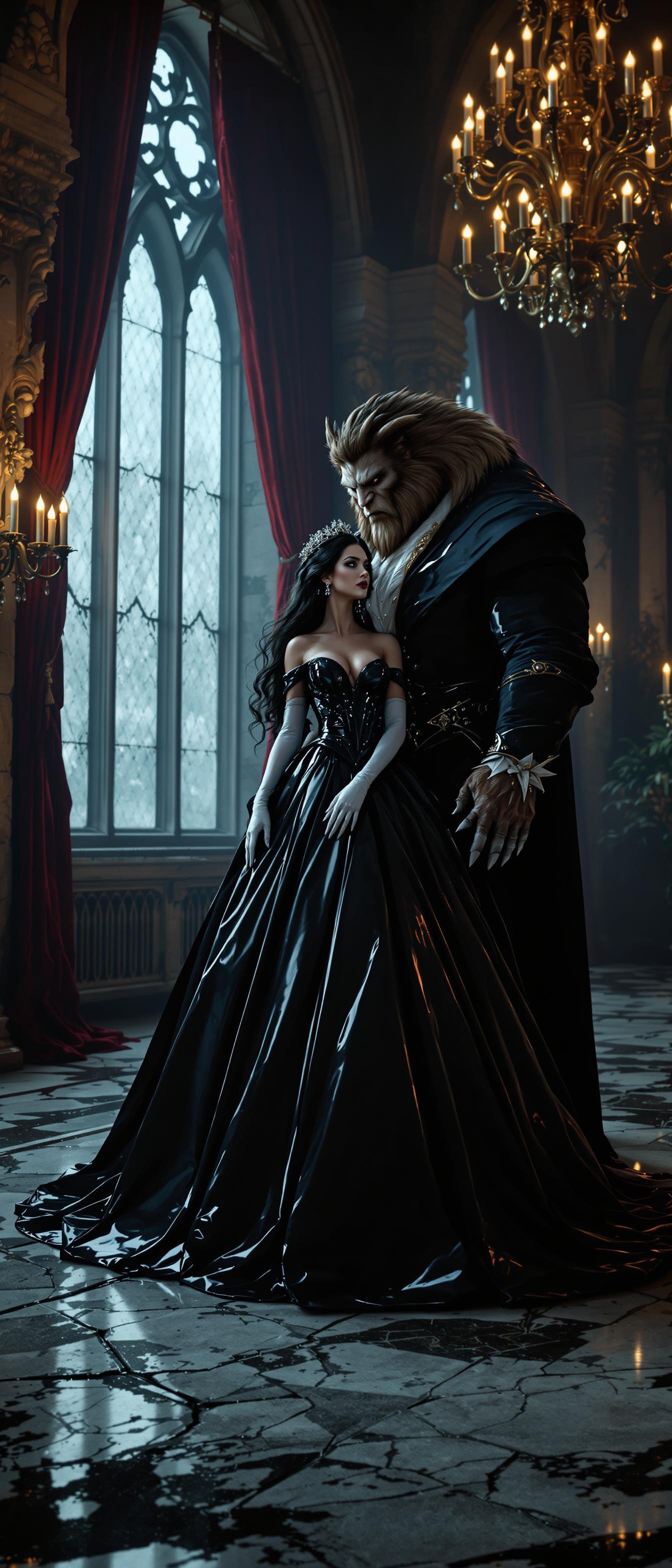 A breathtaking portrait of Belle from Beauty and the Beast, reimagined in a dark, gothic aesthetic, alongside the classic Beast. Belle stands as the focal point, exuding regal yet haunting beauty, dressed in a striking black latex ballgown with a polished, reflective sheen that captures faint candlelight, highlighting every dramatic curve and fold of the voluminous, floor-sweeping skirt. Her opera gloves, made of shiny white latex, create a stark contrast, their smooth texture reflecting subtle highlights that draw the eye. Belle's long black hair cascades in elegant, voluminous curls, adorned with a crown of intricately detailed roses, framing her face with timeless sophistication. Her bold, shiny black lips mirror the gown's luster, while heavy dark makeup—deep smoky eyeshadow and razor-sharp eyeliner—intensifies her mysterious, piercing gaze. By her side, the Beast stands in his classic form, towering and imposing, with matted fur, sharp claws, and a rugged, yet noble demeanor, his eyes reflecting a mix of ferocity and sorrow, complementing Belle’s enigmatic aura.

The scene unfolds in a grand, dimly lit gothic ballroom, steeped in decay and opulence. Towering arched windows, draped in tattered, deep crimson velvet curtains, allow slivers of cold, bluish moonlight to filter through, casting ethereal patterns on the cracked, weathered marble floors. Flickering chandeliers overhead emit a warm, wavering glow, creating eerie shadows that dance across intricate, crumbling stone walls adorned with faded gothic carvings. The composition centers on Belle, positioned slightly turned to the side, her posture commanding and poised, with the Beast standing protectively close, his massive frame adding a sense of raw power to the frame. The camera is angled low, emphasizing Belle’s towering presence and the dramatic height of her gown, while also capturing the Beast’s imposing stature, framing both figures against the cavernous, shadowy ballroom.

The mood is somber and enigmatic, steeped in melancholic elegance, with a haunting interplay of light and shadow. The cold moonlight blends with the warm, flickering candlelight, creating a cinematic contrast that enhances the textures of latex, fur, and stone. The atmosphere evokes a sense of timeless tragedy, as if frozen in a moment of forbidden romance. Rendered in a hyper-realistic style with cinematic quality, inspired by gothic romanticism and high-fashion photography, with meticulous attention to detail—every gleam of latex, every strand of fur, every crack in the marble floor—and dramatic lighting contrasts that heighten the depth and emotion of the