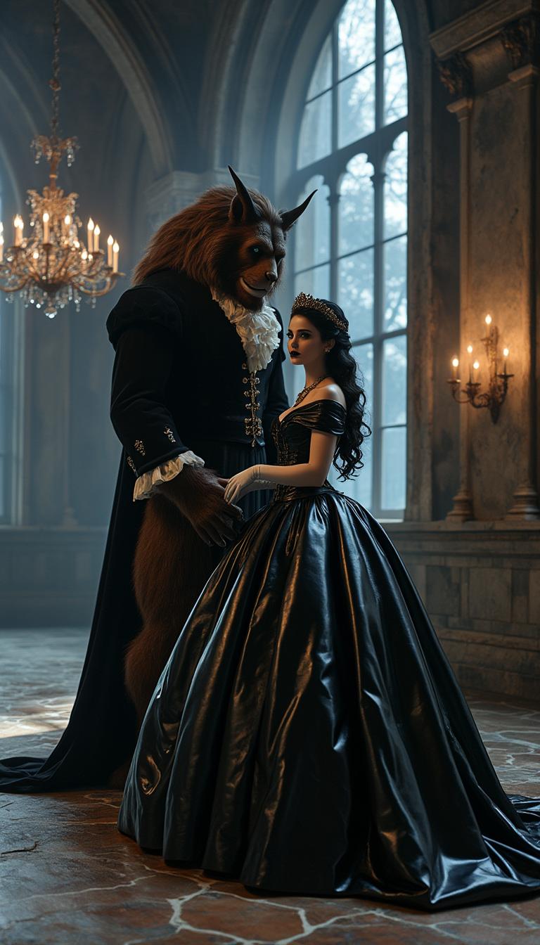 A breathtaking portrait of Belle from Beauty and the Beast, reimagined in a dark, gothic aesthetic, alongside the classic Beast. Belle stands as the focal point, exuding regal yet haunting beauty, dressed in a striking black latex ballgown with a polished, reflective sheen that captures faint candlelight, highlighting every dramatic curve and fold of the voluminous, floor-sweeping skirt. Her opera gloves, made of shiny white latex, create a stark contrast, their smooth texture reflecting subtle highlights that draw the eye. Belle's long black hair cascades in elegant, voluminous curls, adorned with a crown of intricately detailed roses, framing her face with timeless sophistication. Her bold, shiny black lips mirror the gown's luster, while heavy dark makeup—deep smoky eyeshadow and razor-sharp eyeliner—intensifies her mysterious, piercing gaze. By her side, the Beast stands in his classic form, towering and imposing, with matted fur, sharp claws, and a rugged, yet noble demeanor, his eyes reflecting a mix of ferocity and sorrow, complementing Belle’s enigmatic aura.

The scene unfolds in a grand, dimly lit gothic ballroom, steeped in decay and opulence. Towering arched windows, draped in tattered, deep crimson velvet curtains, allow slivers of cold, bluish moonlight to filter through, casting ethereal patterns on the cracked, weathered marble floors. Flickering chandeliers overhead emit a warm, wavering glow, creating eerie shadows that dance across intricate, crumbling stone walls adorned with faded gothic carvings. The composition centers on Belle, positioned slightly turned to the side, her posture commanding and poised, with the Beast standing protectively close, his massive frame adding a sense of raw power to the frame. The camera is angled low, emphasizing Belle’s towering presence and the dramatic height of her gown, while also capturing the Beast’s imposing stature, framing both figures against the cavernous, shadowy ballroom.

The mood is somber and enigmatic, steeped in melancholic elegance, with a haunting interplay of light and shadow. The cold moonlight blends with the warm, flickering candlelight, creating a cinematic contrast that enhances the textures of latex, fur, and stone. The atmosphere evokes a sense of timeless tragedy, as if frozen in a moment of forbidden romance. Rendered in a hyper-realistic style with cinematic quality, inspired by gothic romanticism and high-fashion photography, with meticulous attention to detail—every gleam of latex, every strand of fur, every crack in the marble floor—and dramatic lighting contrasts that heighten the depth and emotion of the