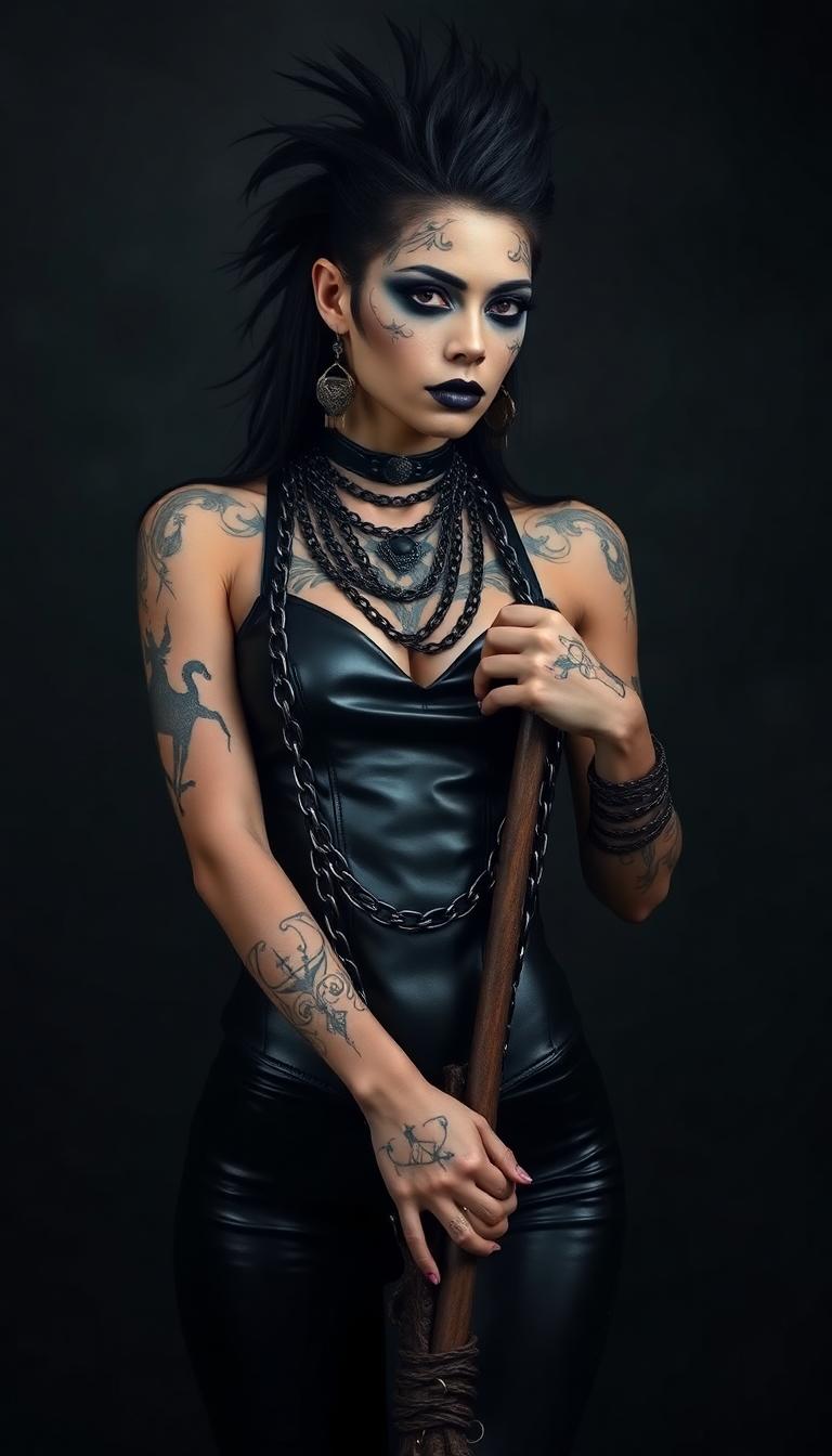 A (((Gothic-inspired beautiful black haired goddess))), with intricate ((black tattoos)) adorning her face and spiky gothic hairstyle, dressed in a sleek ((black leather tight vest top, and tight black pants)), binding tightly to a (stake) with ornate intricate gothic chains (((extremely hyper detailed ultra realistic photo, with 8K resolution, showcasing her full body, in a vintage gothic setting, contrasted against a dark, ominous background.)))