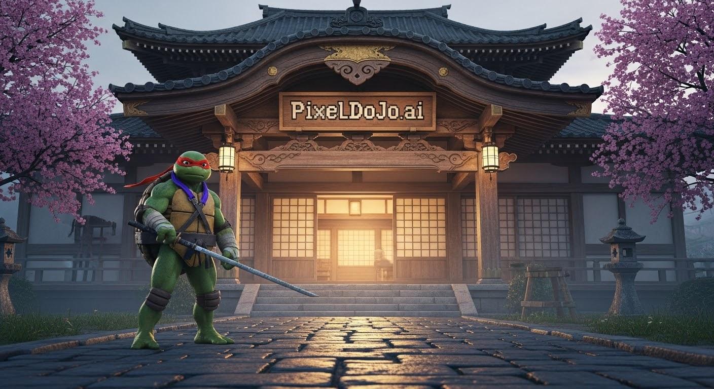 A highly detailed, photo-realistic image of a Teenage Mutant Ninja Turtle standing confidently in front of a traditional Japanese dojo. The ninja turtle, adorned in a vibrant green skin with a textured, slightly weathered shell, wears a colored bandana (choose from red, blue, purple, or orange) and wields a signature weapon, with intricate details on the grip and blade reflecting subtle wear from battle. The dojo, named "PixelDojo.ai," features a beautifully crafted wooden sign above the entrance with bold, pixelated typography reminiscent of retro video games, contrasting with the authentic, weathered wooden architecture of the building. The dojo's exterior showcases traditional sliding shoji doors, a tiled roof with curved edges, and intricate carvings along the beams, illuminated by soft, warm lantern light. The scene is set during early evening, with a serene, misty atmosphere and a faint golden glow from the setting sun casting long shadows across a cobblestone path leading to the dojo. The composition focuses on the ninja turtle in the foreground, slightly off-center, with a low camera angle looking up to emphasize their heroic stature, while the dojo looms majestically in the background, framed by blooming cherry blossom trees on either side. The mood is a blend of nostalgic martial arts mystique and modern digital flair, captured with hyper-realistic textures, sharp focus, and cinematic depth of field, reminiscent of a high-budget film still.