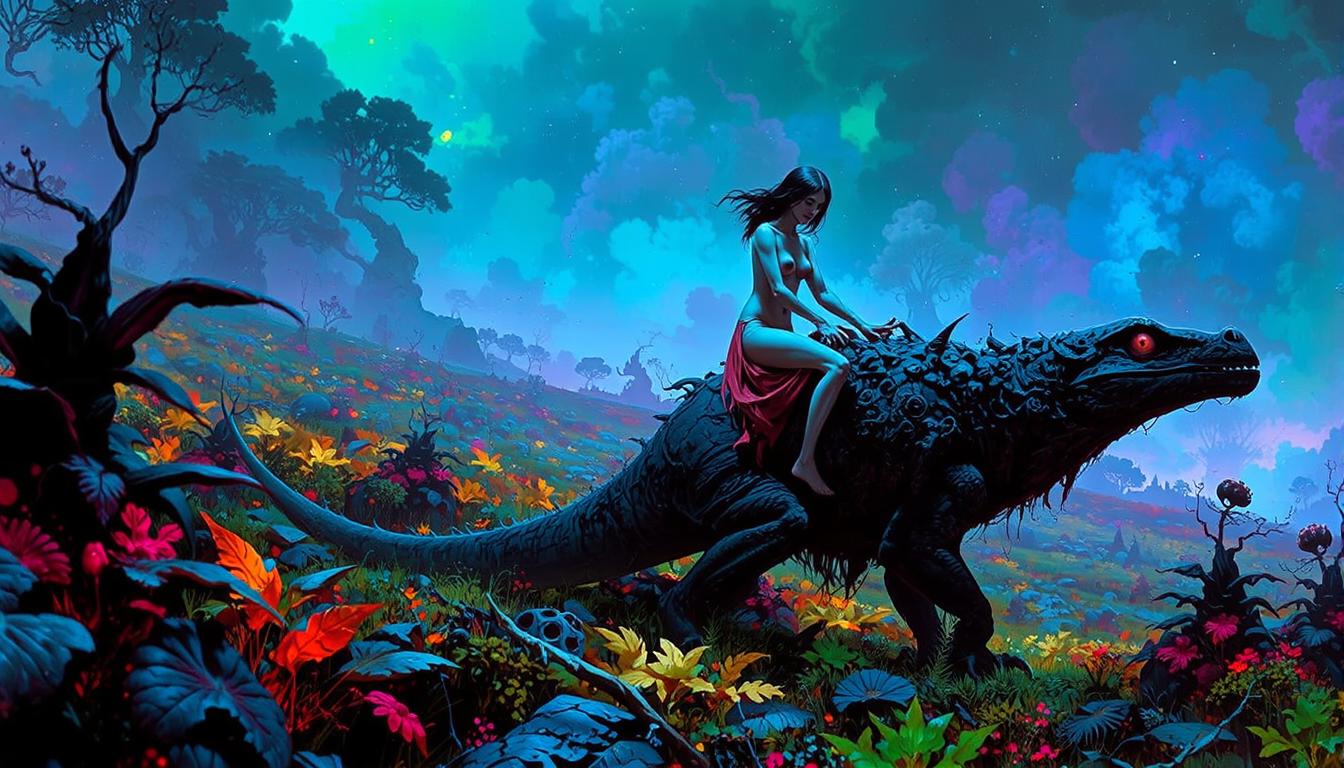 FantasyArt style, low-light horror movie scene, colorful gradients., horror movie scene, A naked sci-fi fantasy princess riding a large scary lizard in a lush alien landscape  with strange plant-life, cinematic lighting,
