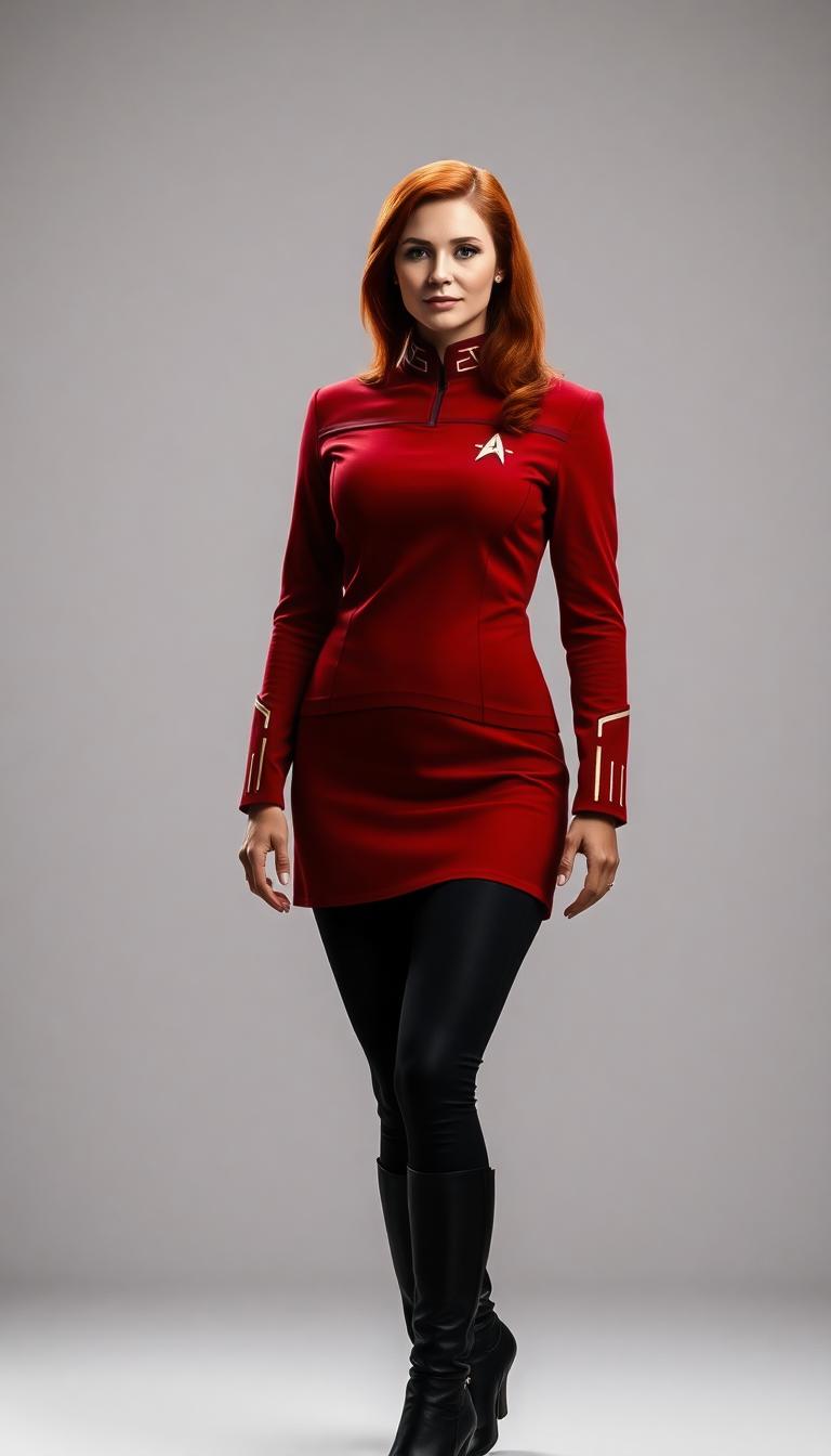 Red Star fleet uniform, female with red hair. star trek. Walking down a sci-fi corridor 