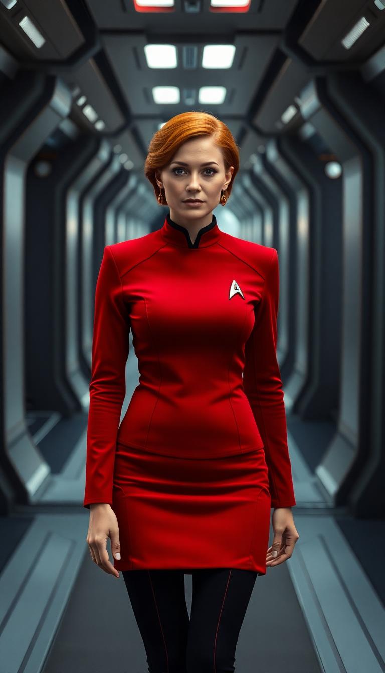 Red Star fleet uniform, female with red hair. star trek. Walking down a sci-fi corridor 