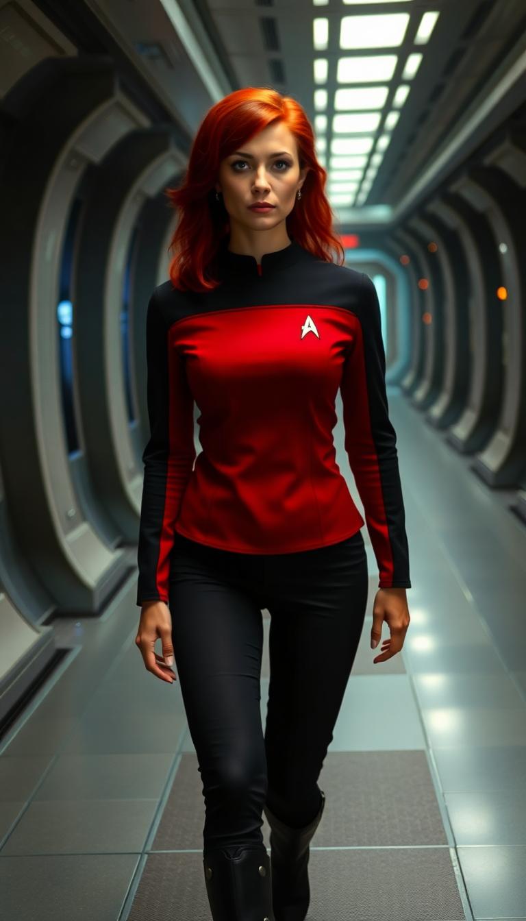 Red Star fleet ds9 uniform, female with red hair. star trek. Walking down a sci-fi corridor 