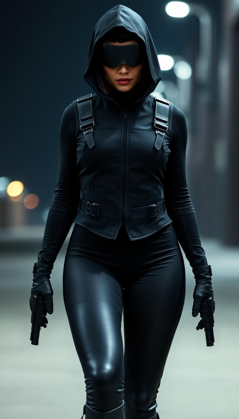She wore a night black costume, a spandex catsuit with gloves and thigh boots to match under a tailored bulletproof vest. Slit up to her waist at the sides, the vest hung down to her thighs in the front and back almost like a skirt. Buckled straps hugged it to her figure and supported two empty shoulder holsters. A deep hood cast her face in shadow.black hair in a business like bob