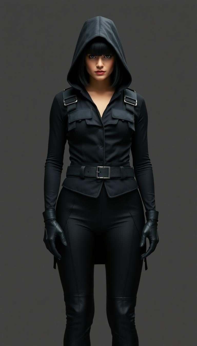 She wore a night black costume, a spandex catsuit with gloves and thigh boots to match under a tailored bulletproof vest. Slit up to her waist at the sides, the vest hung down to her thighs in the front and back almost like a skirt. Buckled straps hugged it to her figure and supported two empty shoulder holsters. A deep hood cast her face in shadow.black hair in a business like bob