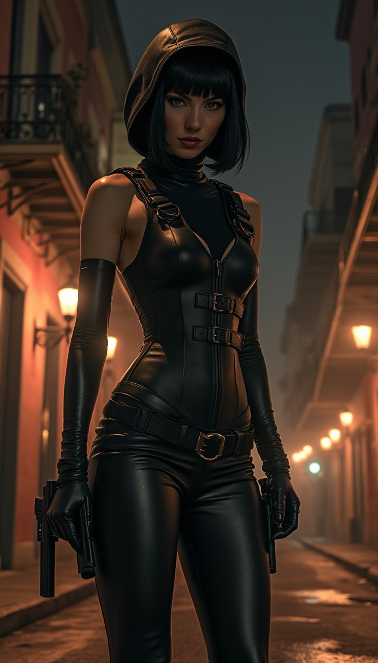 A striking femme fatale stands on a dimly lit street corner in the vibrant French Quarter of New Orleans at night. She wears a sleek, night-black spandex catsuit that clings to her form, complete with matching gloves and thigh-high boots with a subtle glossy sheen. Over this, a tailored bulletproof vest, slit dramatically up to her waist on the sides, extends down to her thighs in the front and back, resembling a dark, edgy skirt. Buckled straps cinch the vest tightly to her slim figure, accentuating her silhouette, while two empty shoulder holsters hang with a sense of readiness. A deep hood shrouds her face in mysterious shadow, revealing only a glimpse of her sharp, business-like black bob haircut. The scene is framed from a low angle, emphasizing her commanding presence against the backdrop of historic, weathered buildings with wrought-iron balconies and flickering gas lamps. The mood is tense and cinematic, with a noir-inspired atmosphere, soft ambient light casting long shadows, and a faint mist lingering in the cool night air. The style is hyper-realistic with a touch of graphic novel grit, focusing on high contrast, detailed textures of the costume's materials, and a dynamic, dramatic composition.