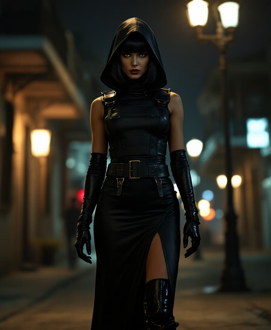 A striking femme fatale stands on a dimly lit street corner in the vibrant French Quarter of New Orleans at night. She wears a sleek, night-black spandex catsuit that clings to her form, complete with matching gloves and thigh-high boots with a subtle glossy sheen. Over this, a tailored bulletproof vest, slit dramatically up to her waist on the sides, extends down to her thighs in the front and back, resembling a dark, edgy skirt. Buckled straps cinch the vest tightly to her slim figure, accentuating her silhouette, while two empty shoulder holsters hang with a sense of readiness. A deep hood shrouds her face in mysterious shadow, revealing only a glimpse of her sharp, business-like black bob haircut. The scene is framed from a low angle, emphasizing her commanding presence against the backdrop of historic, weathered buildings with wrought-iron balconies and flickering gas lamps. The mood is tense and cinematic, with a noir-inspired atmosphere, soft ambient light casting long shadows, and a faint mist lingering in the cool night air. The style is hyper-realistic with a touch of graphic novel grit, focusing on high contrast, detailed textures of the costume's materials, and a dynamic, dramatic composition.