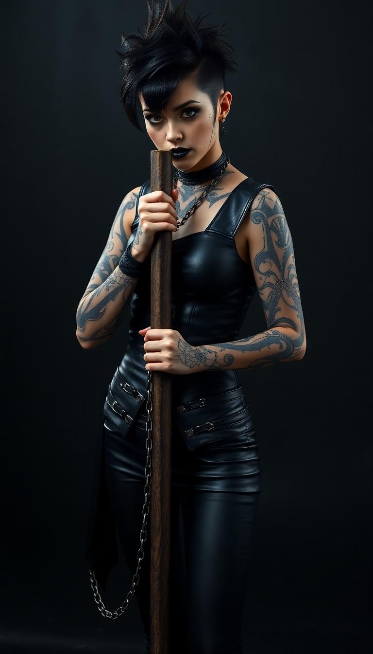 A (((Gothic-inspired beautiful black haired goddess))), with intricate ((black tattoos)) adorning her face and spiky gothic hairstyle, dressed in a sleek ((black leather tight vest top, and tight black pants)), binding tightly to a (stake) with ornate intricate gothic chains. extremely hyper detailed ultra realistic photo, with 8K resolution, showcasing her full body, in a vintage gothic setting, contrasted against a dark, ominous background