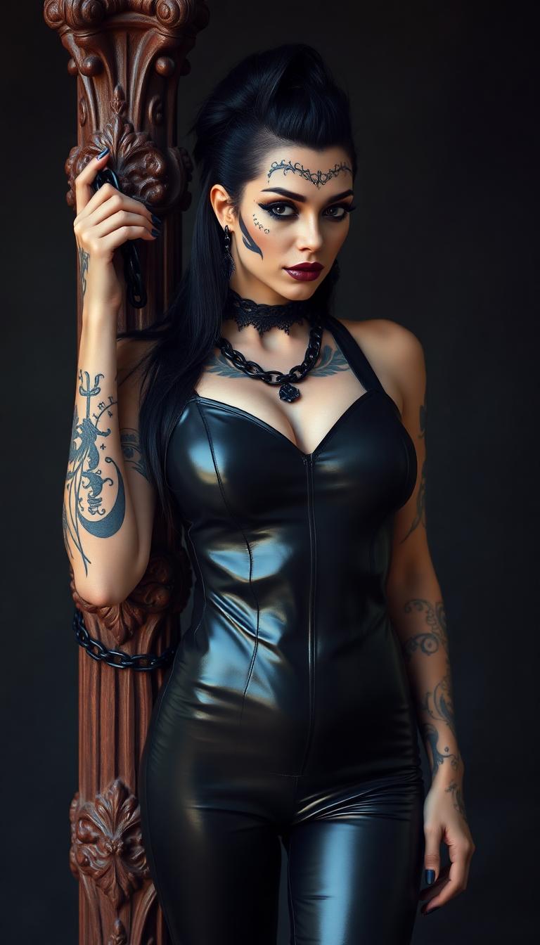 A Gothic-inspired beautiful and full breasted black haired goddess with intricate black tattoos adorning her face and spiky gothic hairstyle, dressed in a tight sleek shiny black latex vest top, and tight pair of shiny latex black pants, binding tightly to an ornately carved post with black metal gothic chains. extremely hyper detailed ultra realistic photo, with 8K resolution, showcasing her full body, in a vintage gothic setting, contrasted against a dark, ominous background.