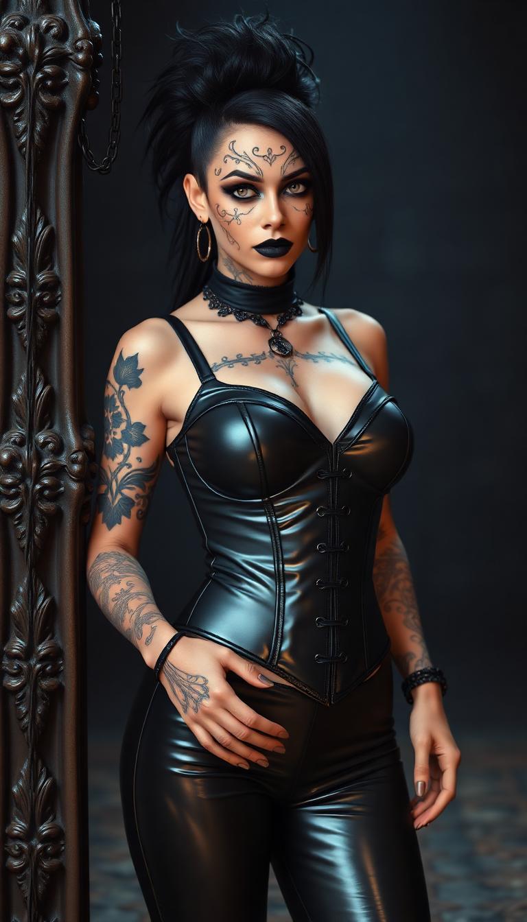A Gothic-inspired beautiful and full breasted black haired goddess with intricate black tattoos adorning her face and spiky gothic hairstyle, dressed in a tight sleek shiny black latex vest corset top, and tight pair of shiny latex black pants, binding tightly to an ornately carved post with black metal gothic chains. extremely hyper detailed ultra realistic photo, with 8K resolution, showcasing her full body, in a vintage gothic setting, contrasted against a dark dungeon as an ominous background.