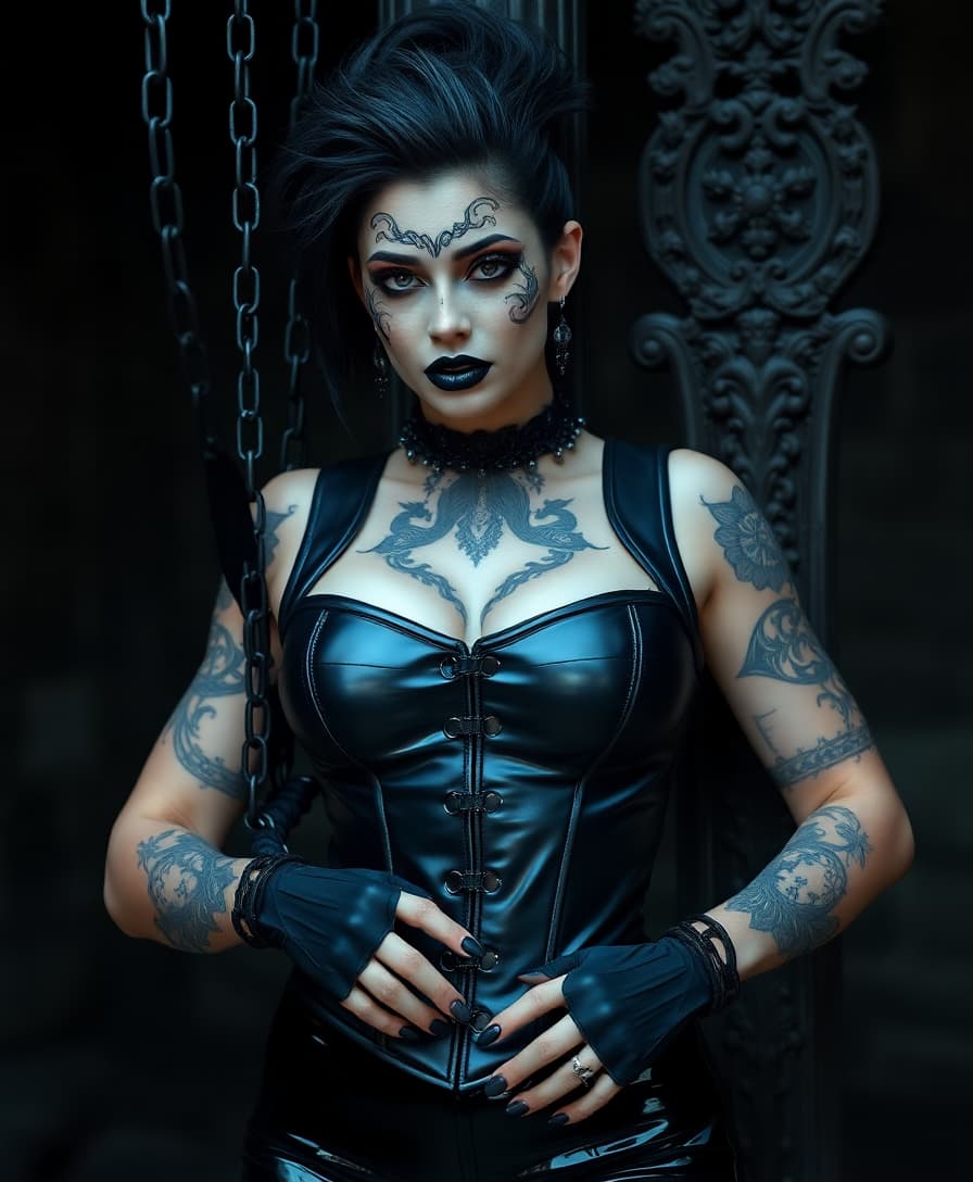 A Gothic-inspired beautiful and full breasted black haired goddess with intricate black tattoos adorning her face and spiky gothic hairstyle, shiny black lips and nails. Wearing shiny black latex fingerless gloves. dressed in a tight sleek shiny black latex vest corset top, and tight pair of shiny latex black pants, bound tightly to an ornately carved post with black metal gothic chains. extremely hyper detailed ultra realistic photo, with 8K resolution, showcasing her full body, in a vintage gothic setting, contrasted against a dark dungeon as an ominous background.