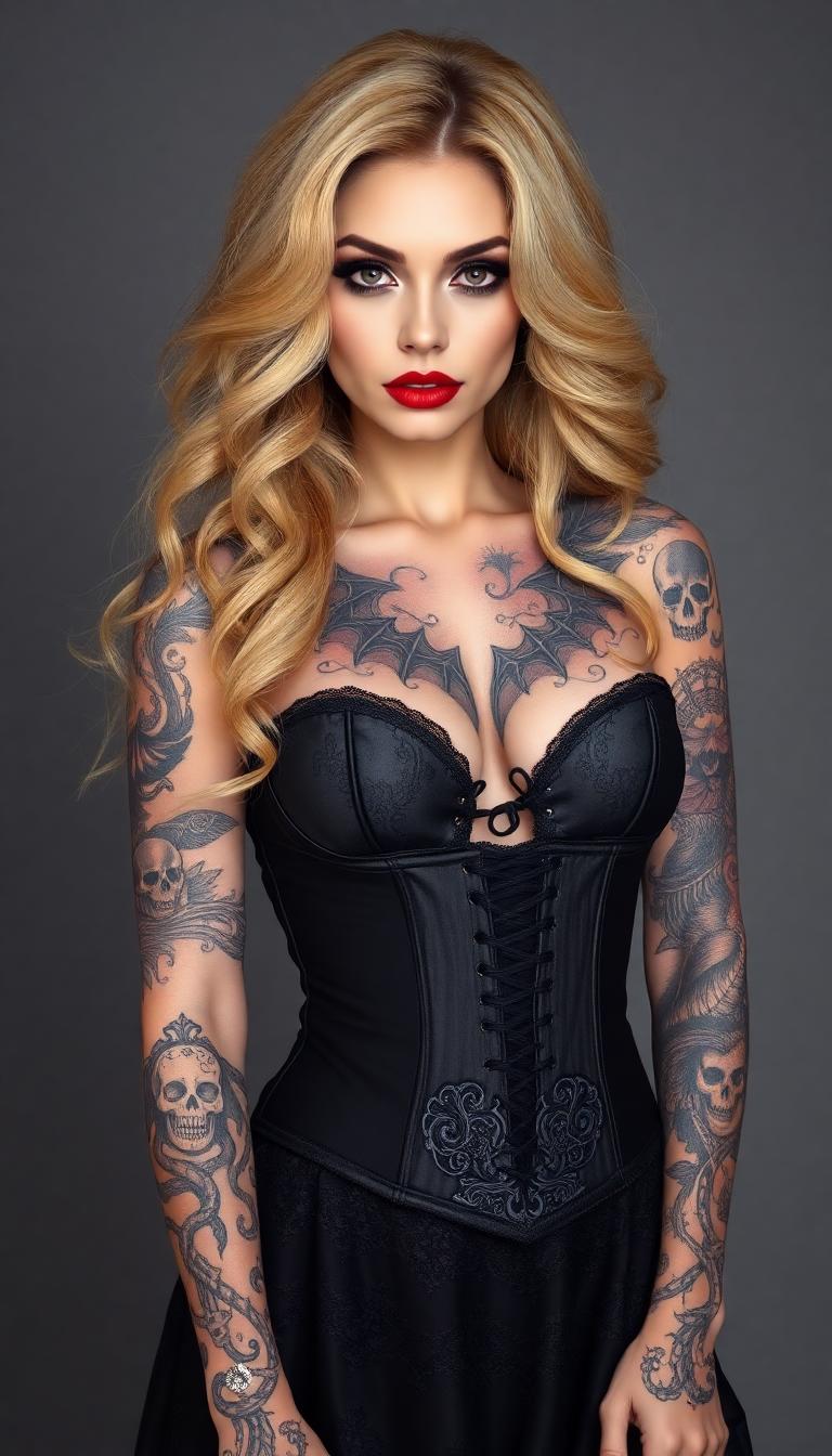 A beautiful, gold-haired female with a gothic aesthetic. She is dressed in a form-fitting black corset that accentuates her waist, paired with a long, flowing skirt adorned with intricate lace detailing. The corset is open slightly at the top, revealing a delicate neckline and a hint of the tattoos that cover her upper torso. Her voluminous hair cascades in soft waves over her bare shoulders. Her eyes are piercing, outlined in dramatic black liner, while her full lips are painted a deep shade of red, matching the crimson hue of her blood-red lipstick. The tattoos on her arms and chest are a mesmerizing tapestry of intertwining vines and thorns, entwining with mythical creatures such as bats, skulls, and serpents, all rendered in a masterful blend of black ink and vibrant color