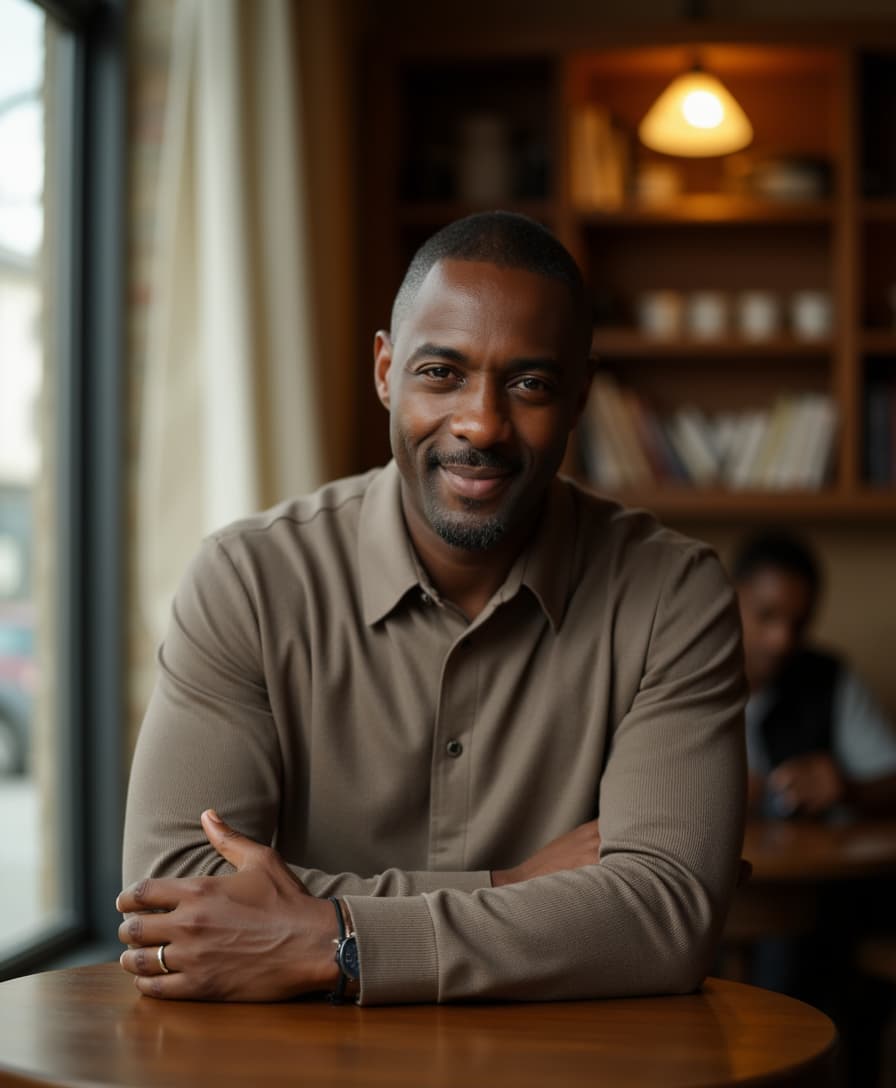 A stunning portrait of ELBRISTOK seated in a cozy, intimate cafe setting, captured in a realistic photographic style with a touch of cinematic flair. ELBRISTOK is positioned at a small, rustic wooden table near a window, his face softly illuminated by warm, natural daylight streaming in, casting gentle shadows across their features. They wear a casual yet elegant outfit, with subtle textures like a knitted sweater or linen shirt, reflecting a relaxed yet sophisticated vibe. The background features blurred cafe elements—vintage decor, shelves with coffee mugs, and faint silhouettes of other patrons—creating a shallow depth of field with a bokeh effect. The color palette is warm and inviting, dominated by earthy tones of brown, beige, and soft amber, contrasted by the cool tones of the window light. The composition focuses on ELBRISTOK’s expressive eyes and subtle smile, shot from a slightly low angle to emphasize their presence and charisma. The mood is serene and contemplative, evoking a quiet afternoon moment, with the faint aroma of coffee and the distant hum of conversation implied in the atmosphere. Rendered in high detail, with a focus on realistic skin textures, fine hair strands, and the intricate play of light and shadow, reminiscent of a professional DSLR portrait with a 50mm prime lens.