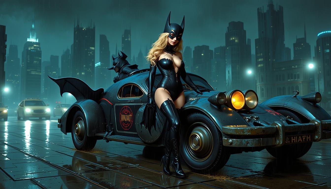 batgirl showing cleavage in latex thigh-high boots, posing next to a vintage 1920s batmobil, Gotham Asylum, rain, dark, after hours, city skyline, city lights, 