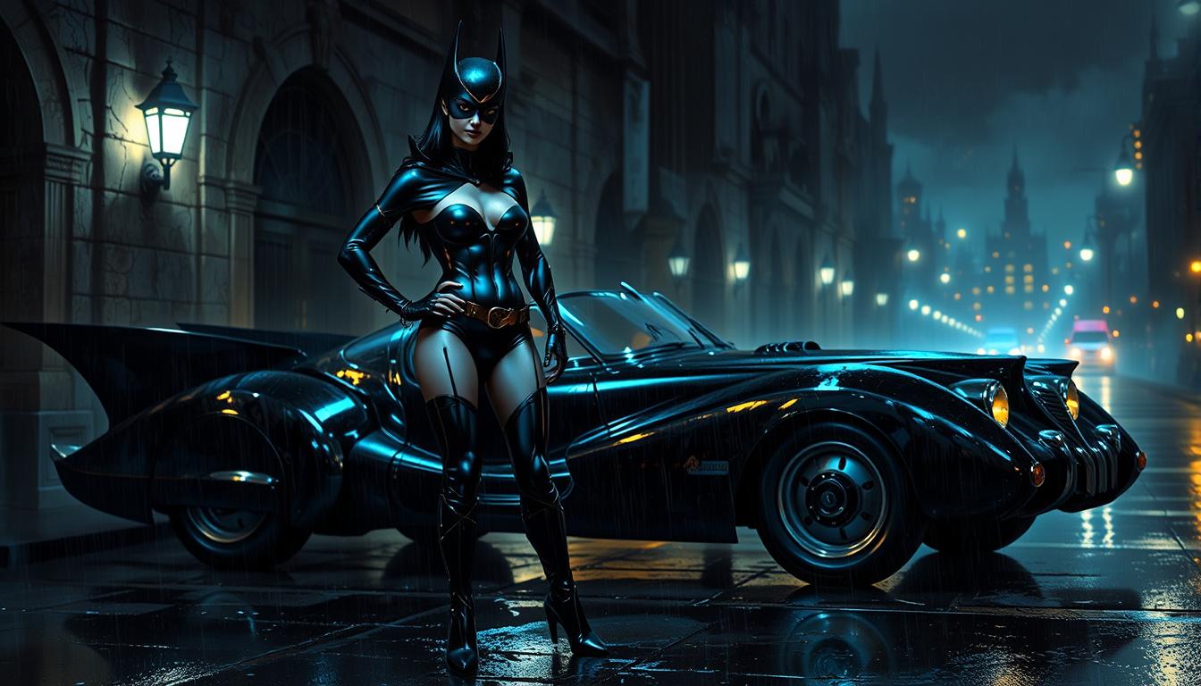 A striking scene of Batgirl, a fierce and confident heroine, standing in a bold pose next to a vintage 1940s Batmobile, its sleek black curves reflecting the dim, wet sheen of rain-soaked streets. Batgirl wears a form-fitting, glossy black latex corset that accentuates her figure, with subtle cleavage visible, paired with thigh-high latex boots that catch the light with a slick, polished texture. The setting is outside the ominous Gotham Asylum, its gothic architecture looming in the background with cracked stone walls and barred windows, shrouded in a misty, eerie atmosphere. Heavy rain falls in diagonal streaks, illuminated by the faint, cold glow of flickering street lamps and the distant, blurred city skyline of Gotham, dotted with glowing city lights piercing through the darkness. The composition focuses on Batgirl as the central figure, positioned slightly to the left, one hand on her hip, exuding strength and defiance, while the Batmobile anchors the right side of the frame, shot from a low angle to emphasize power and dominance. The mood is dark, brooding, and cinematic, capturing the essence of a late-night, after-hours vigil in a dangerous city, with a noir-inspired aesthetic reminiscent of classic detective films. The image is rendered in a hyper-realistic digital art style, with attention to intricate details like raindrops on latex, the weathered texture of the asylum walls, and dramatic chiaroscuro lighting that contrasts deep shadows with sharp highlights.