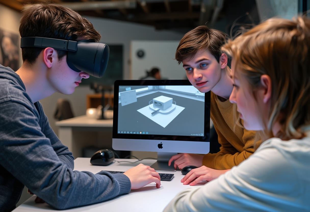 stock footage: 3 Danish male students with autism about 17 years old, looking at a computer-screen on a table where one of the students are presenting a simple 3d game-model.One is wearing an oculus VR headset.