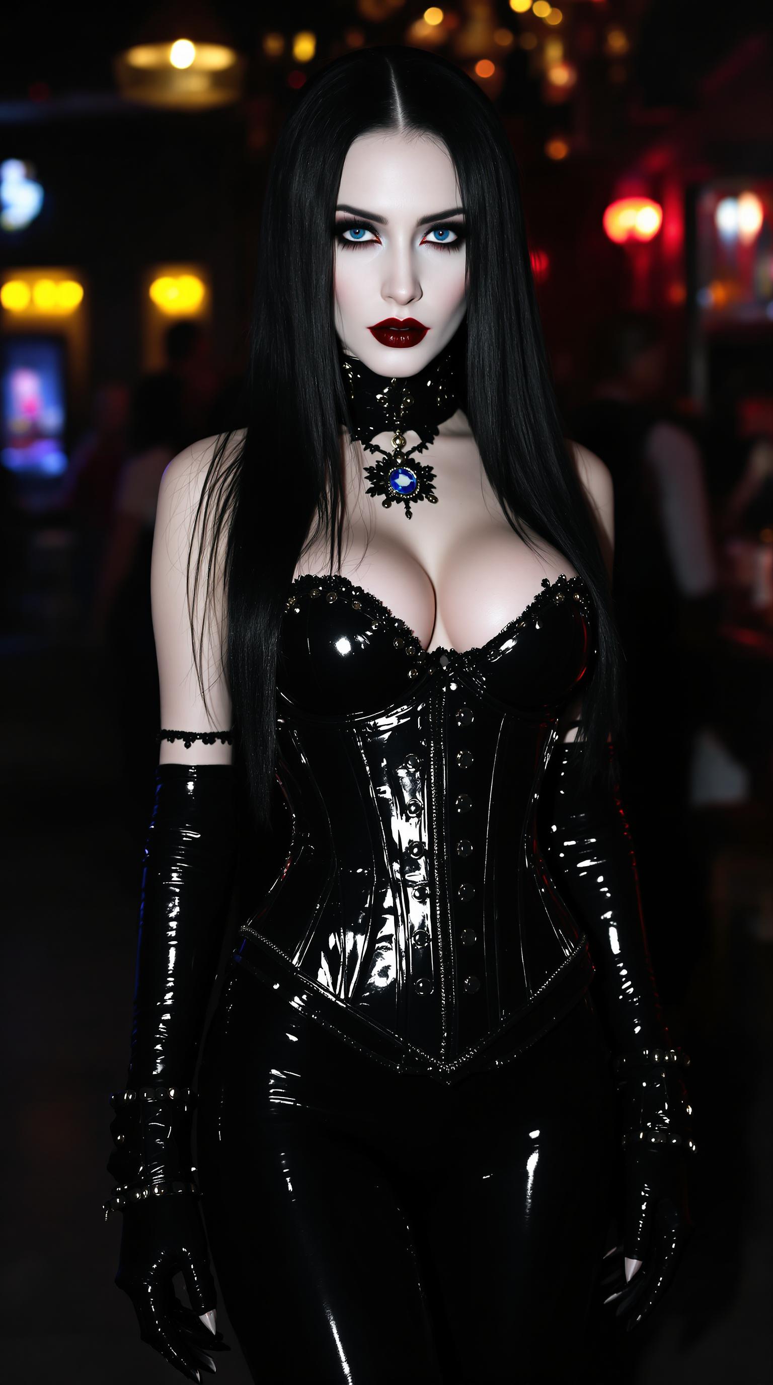 Vampire queen, pale white, long straight black hair. Bright blue eyes. Shiny black latex goth corset. Victorian era shiny black latex waistcoat. Skintight shiny black latex pants and shiny black latex high heeled boots. Standing in a nightclub.