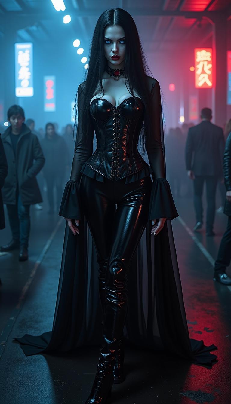 A striking Vampire Queen, her skin a ghostly pale white, with long, straight black hair cascading down her back like a dark waterfall. She wears a ruby on a collar around her neck. Her piercing bright blue eyes glow with an otherworldly intensity, captivating and menacing. She wears a shiny black latex goth corset, hugging her torso over a sheer blouse. intricately detailed with subtle embossed patterns. Her skintight shiny black latex pants accentuate her commanding presence, paired with towering shiny black latex high-heeled boots that click with authority. She stands confidently in the center of a dimly lit, modern gothic nightclub, surrounded by faint neon lights in hues of electric blue and crimson, casting dramatic shadows across her figure. The background reveals a crowd of shadowy, indistinct figures, lost in the pulsating atmosphere of the club, with faint wisps of fog swirling at her feet. The composition focuses on her as the dominant subject, captured from a low-angle perspective to emphasize her power and dominance, framed tightly to highlight the glossy textures of her outfit against the gritty, industrial backdrop of the club. The mood is dark, seductive, and mysterious, with a late-night ambiance, the air thick with tension and allure, illuminated by harsh, contrasting lighting that creates a cinematic chiaroscuro effect. Rendered in a hyper-realistic style with a touch of dark fantasy art, emphasizing photorealistic textures, sharp details, and a high-gloss finish on the latex, evoking the dramatic intensity of a gothic fashion editorial photograph.