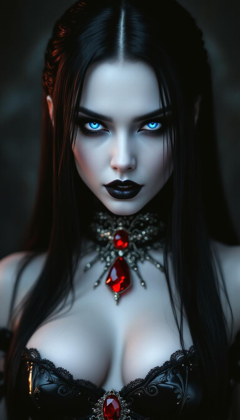 A striking Vampire Queen, her skin an ethereal, ghostly pale white, almost luminescent under the dim lights, with long, straight black hair cascading down her back like a dark, silken waterfall. A blood-red ruby gleams at her throat, set in an ornate silver collar that catches the faint light with a sinister shimmer. Her piercing bright blue eyes glow with an otherworldly, predatory intensity, both captivating and menacing, framed by sharp, dark eyeliner that enhances her fierce gaze. She wears a shiny black latex goth corset, tightly hugging her torso over a sheer, translucent blouse, the corset intricately detailed with subtle embossed patterns of gothic filigree that reflect glints of light. Skintight shiny black latex pants accentuate her commanding presence, paired with towering black latex high-heeled boots that gleam with a polished, mirror-like finish, their sharp clicks echoing with authority. Her shiny black painted lips curl into a violent sneer, revealing a hint of sharp fangs, exuding raw power and menace.

She stands confidently in the center of a dimly lit, modern gothic nightclub, the focal point of the scene, surrounded by faint neon lights in electric blue and crimson hues that cast dramatic, angular shadows across her figure. The background reveals a crowd of shadowy, indistinct figures, their forms blurred and lost in the pulsating, chaotic atmosphere of the club, while faint wisps of fog swirl at her feet, adding an eerie, mystical touch. The composition is captured from a low-angle perspective, emphasizing her towering dominance and power, framed tightly to highlight the glossy, reflective textures of her latex outfit against the gritty, industrial backdrop of the club—think rusted metal walls and cracked concrete floors, faintly illuminated by flickering lights.

The mood is dark, seductive, and mysterious, steeped in a late-night ambiance where the air feels thick with tension and forbidden allure. Harsh, contrasting lighting creates a cinematic chiaroscuro effect, with deep shadows and stark highlights carving out her features and accentuating the high-gloss finish of her attire. The atmosphere is electric, charged with danger and desire, as if time itself slows in her presence. Rendered in a hyper-realistic style with a touch of dark fantasy art, the image emphasizes photorealistic textures, razor-sharp details, and a polished, high-gloss finish on the latex, evoking the dramatic intensity of a gothic fashion editorial photograph shot with a high-end DSLR, complete with a shallow depth of field to keep the Vampire Queen in razor-sharp focus while the background fades into a moody blur.
