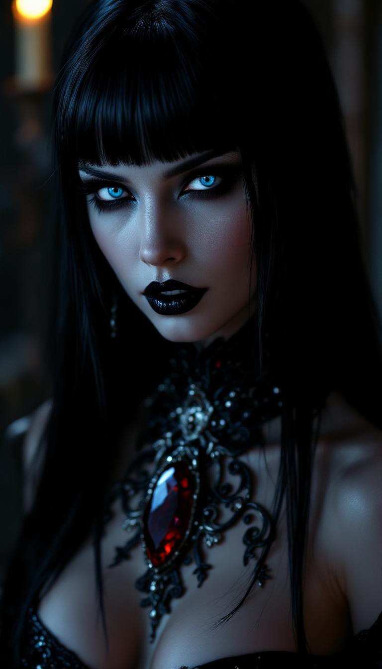 A striking Vampire Queen, the epitome of dark majesty, with ethereal, ghostly pale white skin that glows with a luminescent sheen under dim, flickering lights. Her long, straight black hair cascades down her back like a silken waterfall of midnight, framing her sharp, regal features. A blood-red ruby, set in an ornate silver collar, gleams ominously at her throat, its sinister shimmer catching the sparse light. Her piercing bright blue eyes burn with an otherworldly, predatory intensity, both captivating and menacing, accentuated by bold, dark eyeliner that sharpens her fierce gaze. Shiny black painted lips curl into a violent sneer, revealing the glint of sharp fangs, exuding raw, untamed power and menace.

Her attire commands attention: a shiny black latex goth corset clings tightly to her torso, intricately detailed with embossed gothic filigree patterns that reflect subtle glints of light, layered over a sheer, translucent blouse that adds a haunting elegance. Skintight black latex pants enhance her imposing silhouette, paired with towering black latex high-heeled boots, their mirror-like polished finish reflecting the surrounding chaos with every authoritative step. The glossy textures of her outfit contrast starkly with the gritty environment, every surface rendered with photorealistic precision and a high-gloss sheen.

She stands as the unyielding focal point in the center of a dimly lit, modern gothic nightclub, captured from a low-angle perspective to emphasize her towering dominance and unassailable power. Neon lights in electric blue and crimson hues cast dramatic, angular shadows across her figure, highlighting the reflective surfaces of her attire. The background reveals a crowd of shadowy, indistinct figures, their forms blurred into the pulsating, chaotic atmosphere of the club, while faint wisps of fog swirl at her feet, adding an eerie, mystical aura. The industrial backdrop features rusted metal walls and cracked concrete floors, faintly illuminated by flickering, uneven lights, enhancing the gritty, raw edge of the scene.

The composition is framed tightly to focus on the Vampire Queen, her razor-sharp details standing out against the moody blur of the background, achieved through a shallow depth of field reminiscent of a high-end DSLR shot. The mood is dark, seductive, and mysterious, steeped in a late-night ambiance where the air feels thick with tension and forbidden allure. Harsh, contrasting lighting creates a cinematic chiaroscuro effect, with deep shadows and stark highlights carving out her features and amplifying the high-gloss finish of her latex ensemble. The atmosphere crackles with electric danger and desire, as if time itself slows. She is pictured in a full body pose