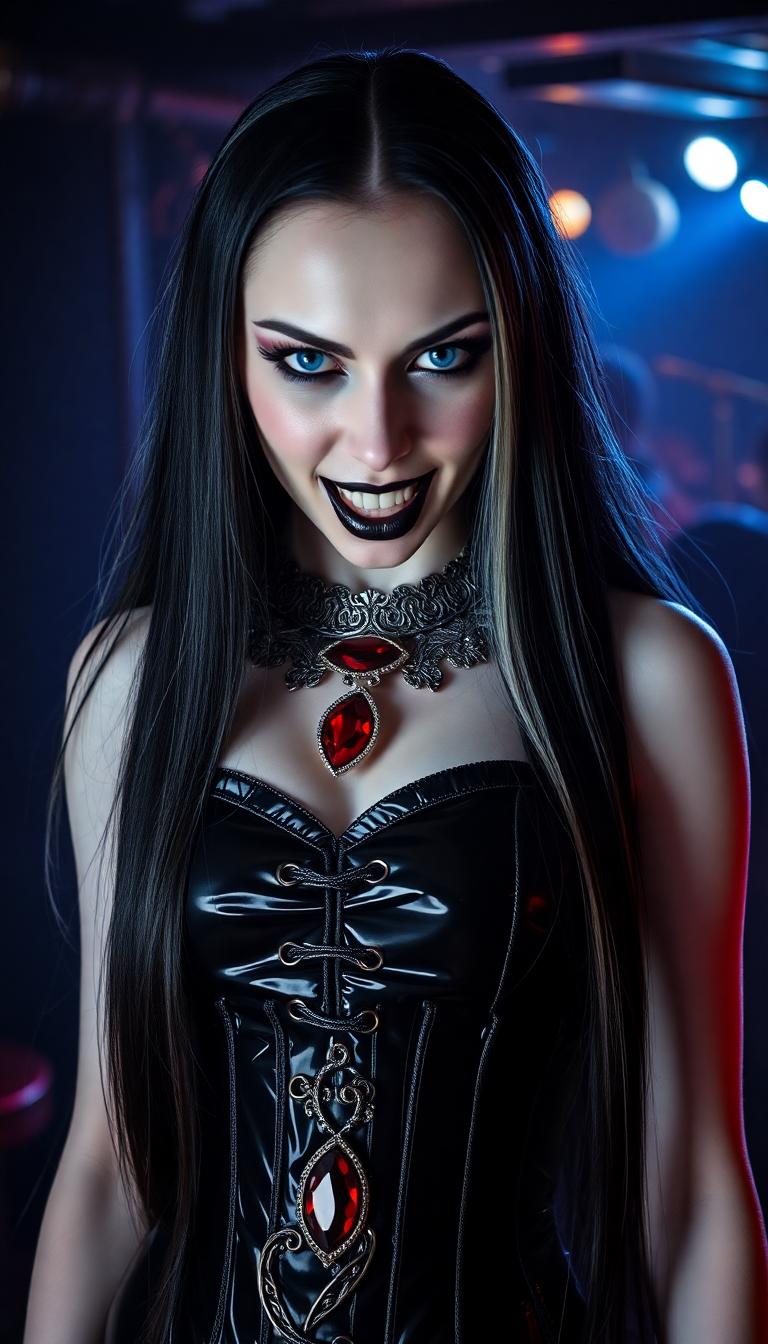 A striking Vampire Queen, the epitome of dark majesty, stands as the unyielding centerpiece of a dimly lit, modern gothic nightclub. Her ethereal, ghostly pale white skin glows with a luminescent sheen under flickering, uneven lights, contrasting with her long, straight black hair that cascades down her back like a silken waterfall of midnight, framing her sharp, regal features. A blood-red ruby, set in an ornate silver collar, gleams ominously at her throat, its sinister shimmer catching the sparse light. Her piercing bright blue eyes burn with an otherworldly, predatory intensity, both captivating and menacing, accentuated by bold, dark eyeliner that sharpens her fierce gaze. Shiny black painted lips curl into a violent sneer, revealing the glint of sharp fangs, exuding raw, untamed power and menace.

Her attire commands attention: a shiny black latex goth corset clings tightly to her torso, intricately detailed with embossed gothic filigree patterns that reflect subtle glints of light, layered over a sheer, translucent blouse adding a haunting elegance. Skintight black latex pants enhance her imposing silhouette, paired with towering black latex high-heeled boots, their mirror-like polished finish reflecting the surrounding chaos with every authoritative step. The glossy, high-sheen textures of her outfit contrast starkly with the gritty environment, rendered with photorealistic precision and meticulous attention to reflective surfaces.

Captured from a low-angle perspective, her full-body pose emphasizes her towering dominance and unassailable power, framed tightly to focus on her razor-sharp details against the moody blur of the background. Neon lights in electric blue and crimson hues cast dramatic, angular shadows across her figure, highlighting the reflective latex surfaces. The background reveals a crowd of shadowy, indistinct figures, their forms blurred into the pulsating, chaotic atmosphere of the club, achieved through a shallow depth of field reminiscent of a high-end DSLR shot. Faint wisps of fog swirl at her feet, adding an eerie, mystical aura, while the industrial backdrop of rusted metal walls and cracked concrete floors is faintly illuminated by flickering lights, enhancing the raw, gritty edge of the scene.

The mood is dark, seductive, and mysterious, steeped in a late-night ambiance where the air feels thick with tension and forbidden allure. Harsh, contrasting lighting creates a cinematic chiaroscuro effect, with deep shadows and stark highlights carving out her features and amplifying the high-gloss finish of her ensemble. The atmosphere crackles with electric danger and desire, as if time itself slows in her commanding presence. The image is styled in a