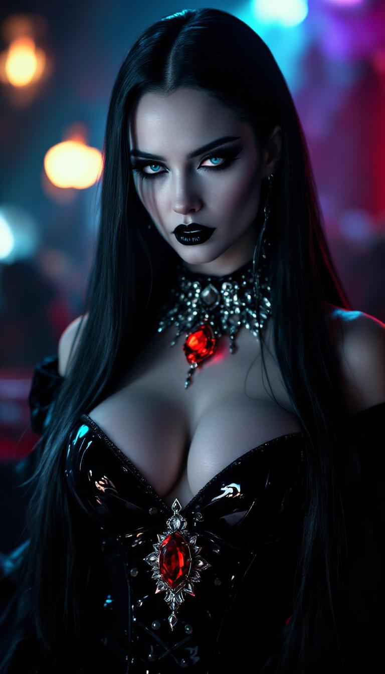 A striking Vampire Queen, the epitome of dark majesty, stands as the unyielding centerpiece of a dimly lit, modern gothic nightclub. Her ethereal, ghostly pale white skin glows with a luminescent sheen under flickering, uneven lights, contrasting with her long, straight black hair that cascades down her back like a silken waterfall of midnight, framing her sharp, regal features. A blood-red ruby, set in an ornate silver collar, gleams ominously at her throat, its sinister shimmer catching the sparse light. Her piercing bright blue eyes burn with an otherworldly, predatory intensity, both captivating and menacing, accentuated by bold, dark eyeliner that sharpens her fierce gaze. Shiny black painted lips curl into a violent sneer, revealing the glint of sharp fangs, exuding raw, untamed power and menace.

Her attire commands attention: a shiny black latex goth corset clings tightly to her torso, intricately detailed with embossed gothic filigree patterns that reflect subtle glints of light, layered over a sheer, translucent blouse adding a haunting elegance. Skintight black latex pants enhance her imposing silhouette, paired with towering black latex high-heeled boots, their mirror-like polished finish reflecting the surrounding chaos with every authoritative step. The glossy, high-sheen textures of her outfit contrast starkly with the gritty environment, rendered with photorealistic precision and meticulous attention to reflective surfaces.

Captured from a low-angle perspective, her full-body pose emphasizes her towering dominance and unassailable power, framed tightly to focus on her razor-sharp details against the moody blur of the background. Neon lights in electric blue and crimson hues cast dramatic, angular shadows across her figure, highlighting the reflective latex surfaces. The background reveals a crowd of shadowy, indistinct figures, their forms blurred into the pulsating, chaotic atmosphere of the club, achieved through a shallow depth of field reminiscent of a high-end DSLR shot. Faint wisps of fog swirl at her feet, adding an eerie, mystical aura, while the industrial backdrop of rusted metal walls and cracked concrete floors is faintly illuminated by flickering lights, enhancing the raw, gritty edge of the scene.

The mood is dark, seductive, and mysterious, steeped in a late-night ambiance where the air feels thick with tension and forbidden allure. Harsh, contrasting lighting creates a cinematic chiaroscuro effect, with deep shadows and stark highlights carving out her features and amplifying the high-gloss finish of her ensemble. The atmosphere crackles with electric danger and desire, as if time itself slows in her commanding presence. The image is styled in a