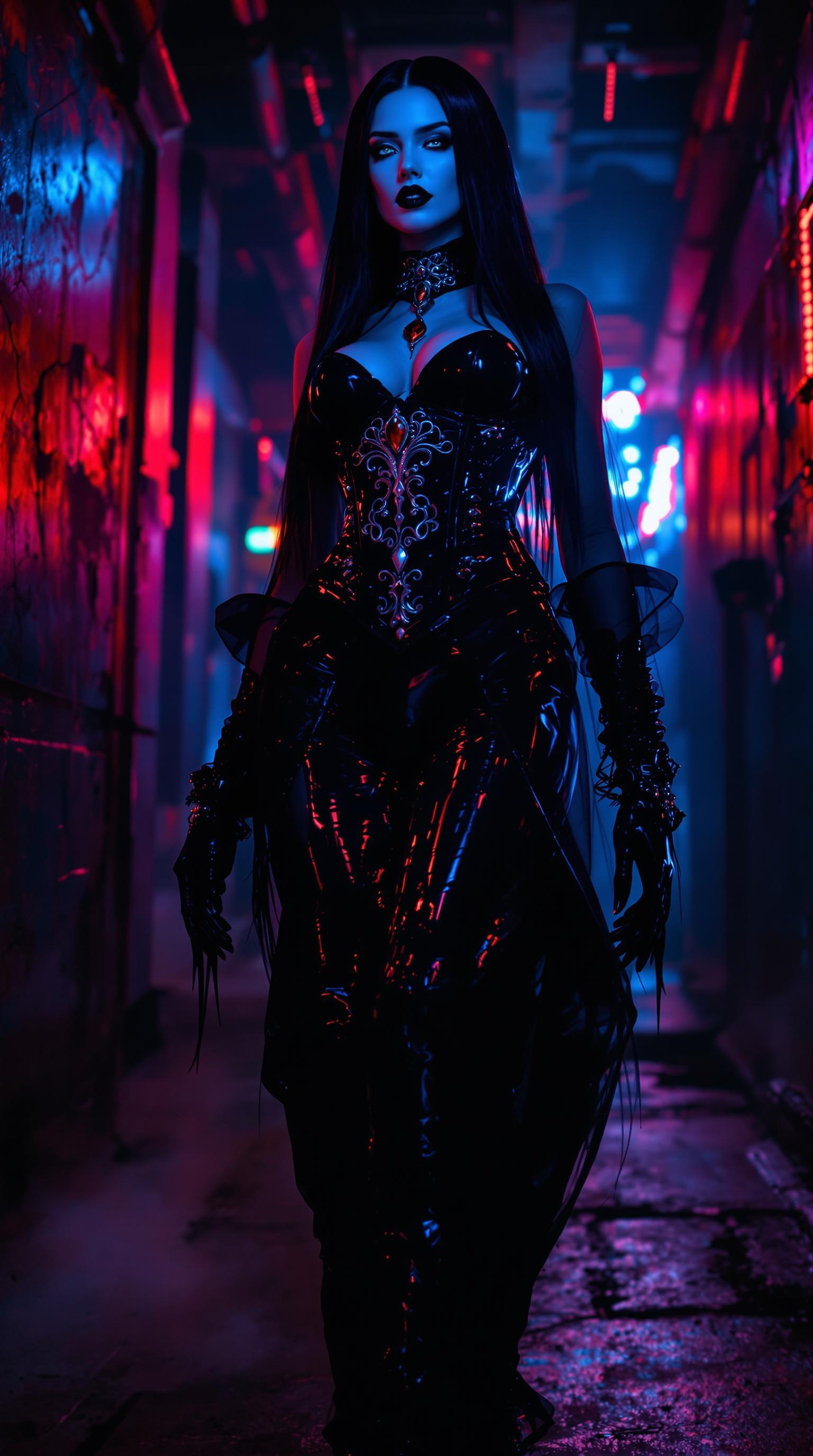 A striking Vampire Queen, the epitome of dark majesty, stands as the unyielding centerpiece of a dimly lit, modern gothic nightclub. Her ethereal, ghostly pale white skin glows with a luminescent sheen under flickering, uneven lights, contrasting with her long, straight black hair that cascades down her back like a silken waterfall of midnight, framing her sharp, regal features. A blood-red ruby, set in an ornate silver collar, gleams ominously at her throat, its sinister shimmer catching the sparse light. Her piercing bright blue eyes burn with an otherworldly, predatory intensity, both captivating and menacing, accentuated by bold, dark eyeliner that sharpens her fierce gaze. Shiny black painted lips curl into a violent sneer, revealing the glint of sharp fangs, exuding raw, untamed power and menace.

Her attire commands attention: a shiny black latex goth corset clings tightly to her torso, intricately detailed with embossed gothic filigree patterns that reflect subtle glints of light, layered over a sheer, translucent blouse adding a haunting elegance. Skintight black latex pants enhance her imposing silhouette, paired with towering black latex high-heeled boots, their mirror-like polished finish reflecting the surrounding chaos with every authoritative step. The glossy, high-sheen textures of her outfit contrast starkly with the gritty environment, rendered with photorealistic precision and meticulous attention to reflective surfaces.

Captured from a low-angle perspective, her full-body pose emphasizes her towering dominance and unassailable power, framed tightly to focus on her razor-sharp details against the moody blur of the background. Neon lights in electric blue and crimson hues cast dramatic, angular shadows across her figure, highlighting the reflective latex surfaces. The background reveals a crowd of shadowy, indistinct figures, their forms blurred into the pulsating, chaotic atmosphere of the club, achieved through a shallow depth of field reminiscent of a high-end DSLR shot. Faint wisps of fog swirl at her feet, adding an eerie, mystical aura, while the industrial backdrop of rusted metal walls and cracked concrete floors is faintly illuminated by flickering lights, enhancing the raw, gritty edge of the scene.

The mood is dark, seductive, and mysterious, steeped in a late-night ambiance where the air feels thick with tension and forbidden allure. Harsh, contrasting lighting creates a cinematic chiaroscuro effect, with deep shadows and stark highlights carving out her features and amplifying the high-gloss finish of her ensemble. The atmosphere crackles with electric danger and desire, as if time itself slows in her commanding presence. The image is styled in a