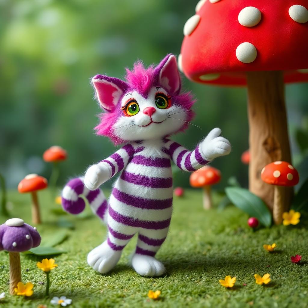 Plushy Cheshire cat dancing in a faerie mushroom circle