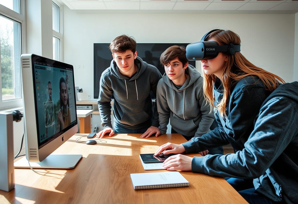 A vivid and realistic scene of four Danish students, around 15 years old, with autism, gathered around a modern classroom table, intently focused on a PC computer screen displaying a simple 3D game model. The student presenting the model is pointing at the screen with enthusiasm, while another student wears an Oculus VR headset, immersed in a virtual experience. The group exhibits a range of subtle expressions, from curiosity to quiet excitement. The setting is a bright, contemporary classroom with natural light streaming through large windows, casting soft shadows on the table and creating a warm, inviting atmosphere. The textures of the wooden table, sleek computer equipment, and casual teenage clothing—such as hoodies and jeans in muted tones of blue, gray, and green—are highly detailed. The composition centers the group around the screen, with a slightly low camera angle to emphasize their engagement and collaboration. The style is photorealistic, resembling high-quality stock footage with crisp focus, balanced lighting, and a documentary-like authenticity. The mood is positive and inclusive, capturing a moment of shared learning and creativity during a sunny midday.