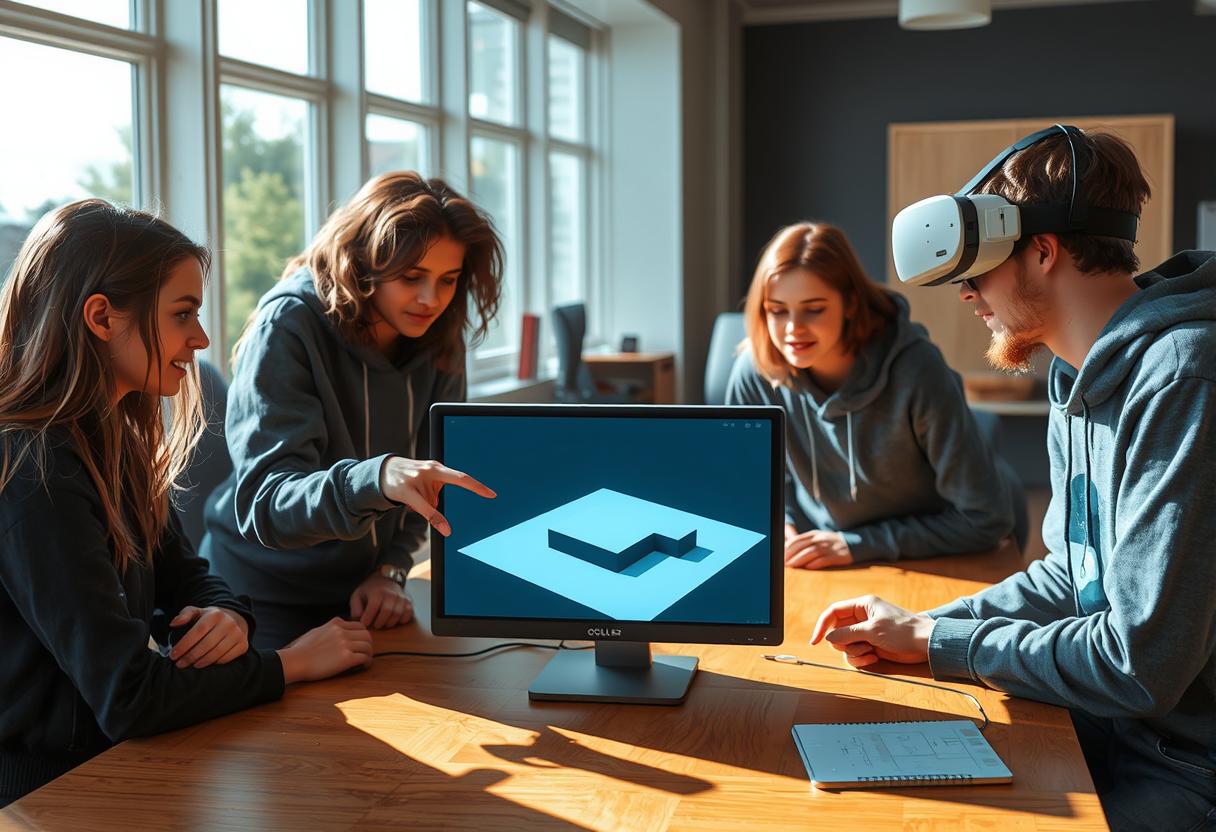 A vivid and realistic scene of four Danish students, around 15 years old, with autism, one in goth outfit, gathered around a modern classroom table, intently focused on a PC computer screen displaying a simple 3D game model. The student presenting the model is pointing at the screen with enthusiasm, while another student wears an Oculus VR headset, immersed in a virtual experience. The group exhibits a range of subtle expressions, from curiosity to quiet excitement. The setting is a bright, contemporary classroom with natural light streaming through large windows, casting soft shadows on the table and creating a warm, inviting atmosphere. The textures of the wooden table, sleek computer equipment, and casual teenage clothing—such as hoodies and jeans in muted tones of blue, gray, and green—are highly detailed. The composition centers the group around the screen, with a slightly low camera angle to emphasize their engagement and collaboration. The style is photorealistic, resembling high-quality stock footage with crisp focus, balanced lighting, and a documentary-like authenticity. The mood is positive and inclusive, capturing a moment of shared learning and creativity during a sunny midday.