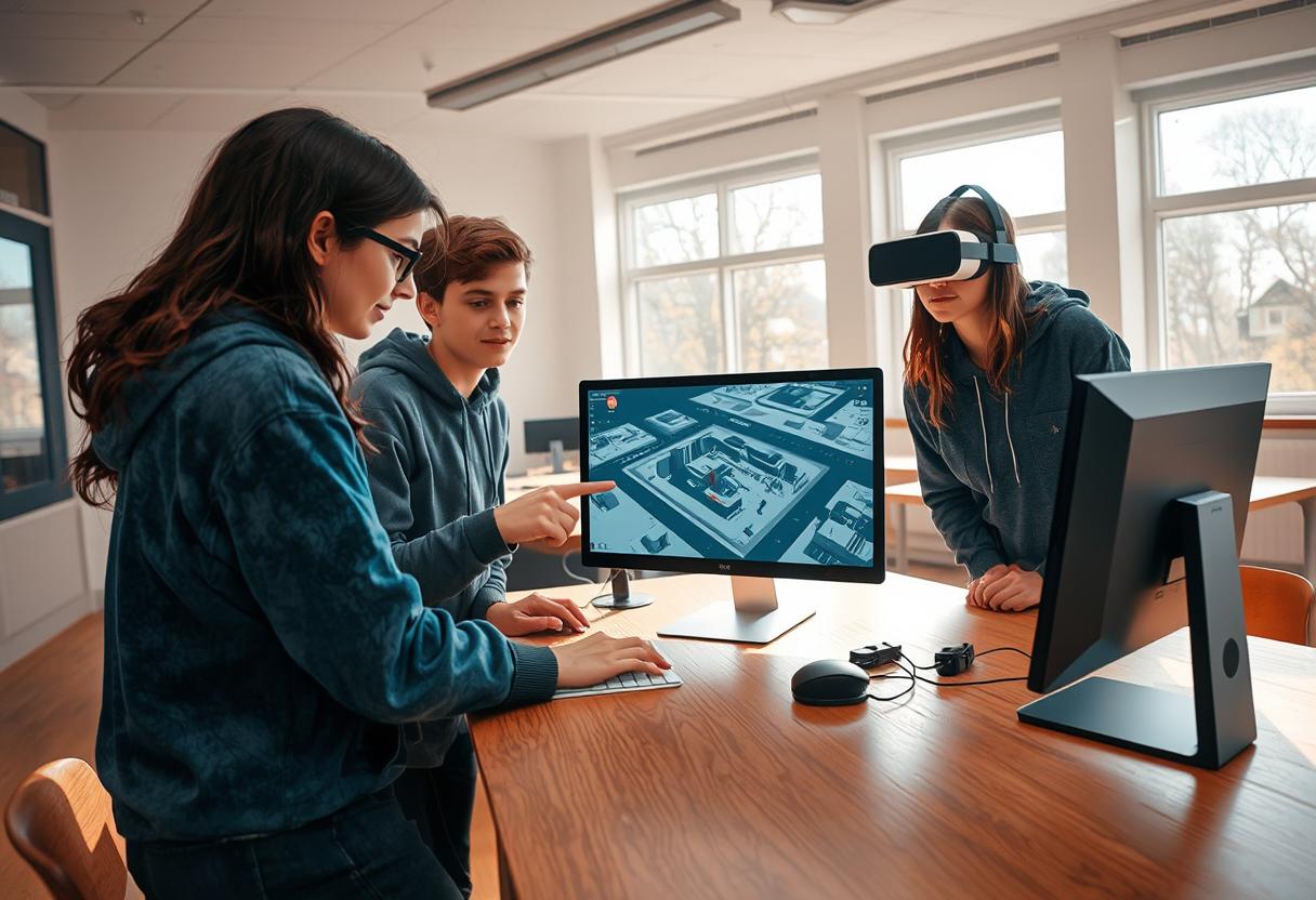 A vivid and realistic scene of four Danish students, around 15 years old, with autism, one in goth outfit, gathered around a modern classroom table, intently focused on a PC computer screen displaying a 3D game model. The student presenting the model is pointing at the screen with enthusiasm, while another student wears an Oculus VR headset, immersed in a virtual experience. The group exhibits a range of subtle expressions, from curiosity to quiet excitement. The setting is a bright, contemporary classroom with natural light streaming through large windows, casting soft shadows on the table and creating a warm, inviting atmosphere. The textures of the wooden table, sleek computer equipment, and casual teenage clothing—such as hoodies and jeans in muted tones of blue, gray, and green—are highly detailed. The composition centers the group around the screen, with a slightly low camera angle to emphasize their engagement and collaboration. The style is photorealistic, resembling high-quality stock footage with crisp focus, balanced lighting, and a documentary-like authenticity. The mood is positive and inclusive, capturing a moment of shared learning and creativity during a sunny midday.