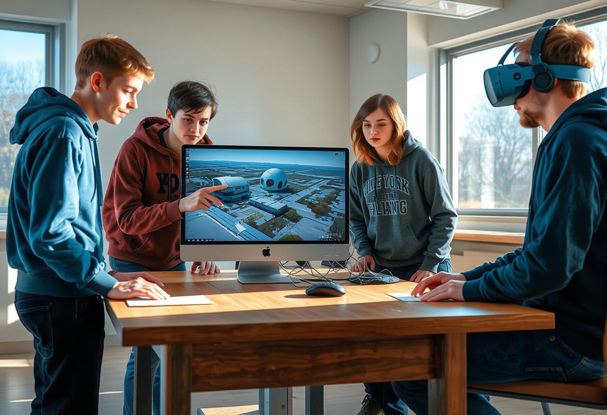 A vivid and realistic scene of four Danish students, around 15 years old, with autism, one in goth outfit, gathered around a modern classroom table, intently focused on a PC computer screen displaying a 3D game model. The student presenting the model is pointing at the screen with enthusiasm, while another student wears an Oculus VR headset, immersed in a virtual experience. The group exhibits a range of subtle expressions, from curiosity to quiet excitement. The setting is a bright, contemporary classroom with natural light streaming through large windows, casting soft shadows on the table and creating a warm, inviting atmosphere. The textures of the wooden table, sleek computer equipment, and casual teenage clothing—such as hoodies and jeans in muted tones of blue, gray, and green—are highly detailed. The composition centers the group around the screen, with a slightly low camera angle to emphasize their engagement and collaboration. The style is photorealistic, resembling high-quality stock footage with crisp focus, balanced lighting, and a documentary-like authenticity. The mood is positive and inclusive, capturing a moment of shared learning and creativity during a sunny midday.