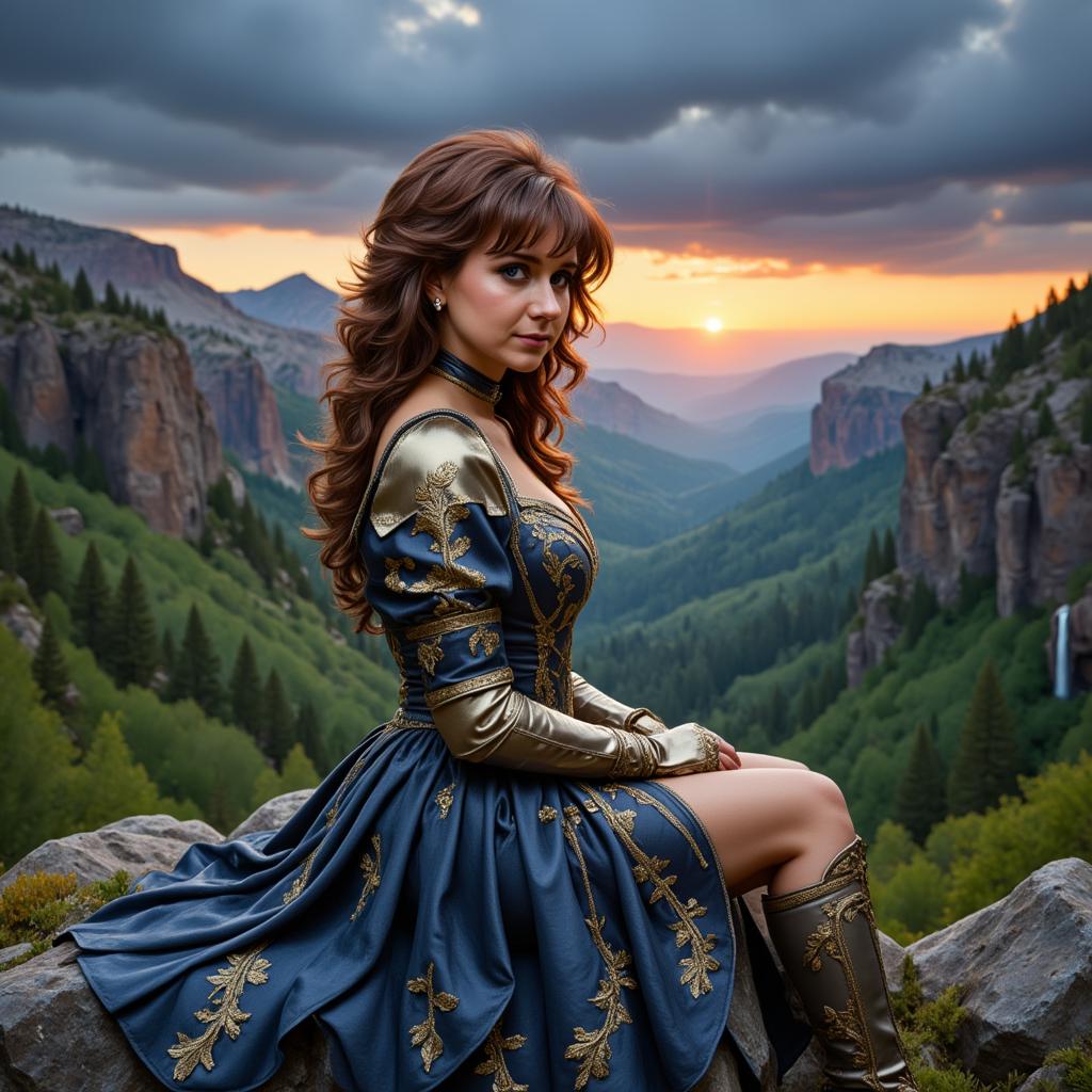 WildePixie12I Libby Lawrence as The Beauty, upper body potrait of a photorealistic beautiful smiling seductress, long wavy brown hair and bright blue eyes, amazing hero armor dress, sitting on a rock looking over a lush green valley with high cliffs, dark stormy sky with rays, breathtaking view, twilight mood, bright colors, exquisite details, Masterpiece painted by Artgerm, Cinematic lighting, raking light, Canon 90D, 50 mm lens, atmospheric. Photorealistic, photorealism, perfect realistic art, smooth, aftereffects, sharp focus, hi - res, ultra intricate detail, ultra realistic detail, 4K, HDR
gloomy, choker style colar, blue color eyes, detailed face, cyperpunk, full body, magic fantasy, wow effect, rubens style
