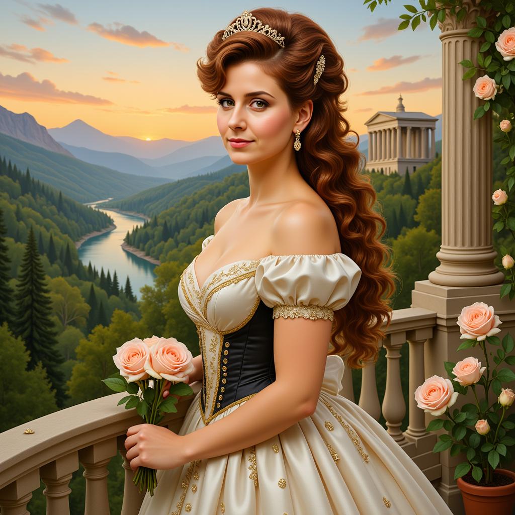 Vanessa WildePixie12I This is a digitally created image that showcases a blend of classical and romantic elements. The art style is reminiscent of neoclassical painting, with a focus on symmetry, proportion, and a harmonious blend of nature and architecture. The medium appears to be a highresolution digital painting, utilizing a combination of textures and shading to create depth and realism.The colors are rich and vibrant, with a warm palette that evokes a sense of nostalgia and tranquility. The sky transitions from a soft, pastel blue to a warm orange hue, suggesting the time is either sunrise or sunset. The golden hour lighting casts a warm glow on the landscape and the subject, highlighting the textures and contours of the scene.The subject of the image is a woman dressed in a period gown, which is the focal point of the composition. Her attire is detailed with a white bodice adorned with gold trim and a black corsetstyle waist cincher. The dress has a fitted bodice with puffed sleeves and a full skirt that flows out behind her. The fabric of the dress appears silky and smooth, with a subtle sheen that catches the light.The woman is standing on a balcony, with her left hand resting on the railing and her right hand holding a rose. Her very long brwon hair is styled in an elaborate updo with loose curls cascading down her back, and she wears a tiara and earrings that complement her gown. Her expression is serene and contemplative, adding to the overall mood of the image.In the background, there is a picturesque landscape that includes rolling hills, a winding river, and a classical building perched on a hillside. The architecture is reminiscent of Greek or Roman temples, with columns and a domed structure. The river reflects the sky and the surrounding scenery, creating a mirrorlike effect that enhances the sense of depth and tranquility.The foreground of the image features lush greenery, including trees and shrubs, and a potted rose plant that the woman is holding. The plants are rendered with a high level of detail, showcasing the texture of the leaves and the curvature of the stems.Overall, the image is a harmonious blend of human beauty, classical architecture, and natural scenery, all rendered with a high degree of realism and attention to detail. The warm colors and golden hour lighting create a sense of nostalgia and tranquility, while the subjects contemplative pose and the surrounding landscape invite the viewer to pause and reflect.