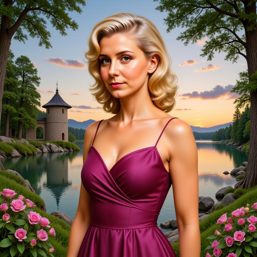 WildePixie12I VanessaP1 VanessaPixie als charismatische, gefühlvolle und schöne Frau. Sie hat lange hellblonde Haare. Trägt ein dunkelrosa trägerloses Kleid und steht in einer wunderschönen Landschaft vor einem Pavillon, der sich an einem See befindet. Schöne Bäumen säumen die Szene. Der Himmel zeigt ein paar Wolken. Es ist später Nachmittag und die Sonne steht bereits tief. Die Szene wird als photorealistische sehr detaillierte Malerei ausgeführt die fast als Foto erscheint. 