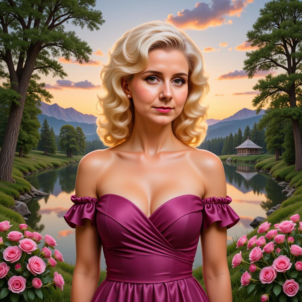 WildePixie12I VanessaP1 VanessaPixie als charismatische, gefühlvolle und schöne Frau. Sie hat lange hellblonde Haare. Trägt ein dunkelrosa trägerloses Kleid und steht in einer wunderschönen Landschaft vor einem Pavillon, der sich an einem See befindet. Schöne Bäumen säumen die Szene. Der Himmel zeigt ein paar Wolken. Es ist später Nachmittag und die Sonne steht bereits tief. Die Szene wird als photorealistische sehr detaillierte Malerei ausgeführt die fast als Foto erscheint. 