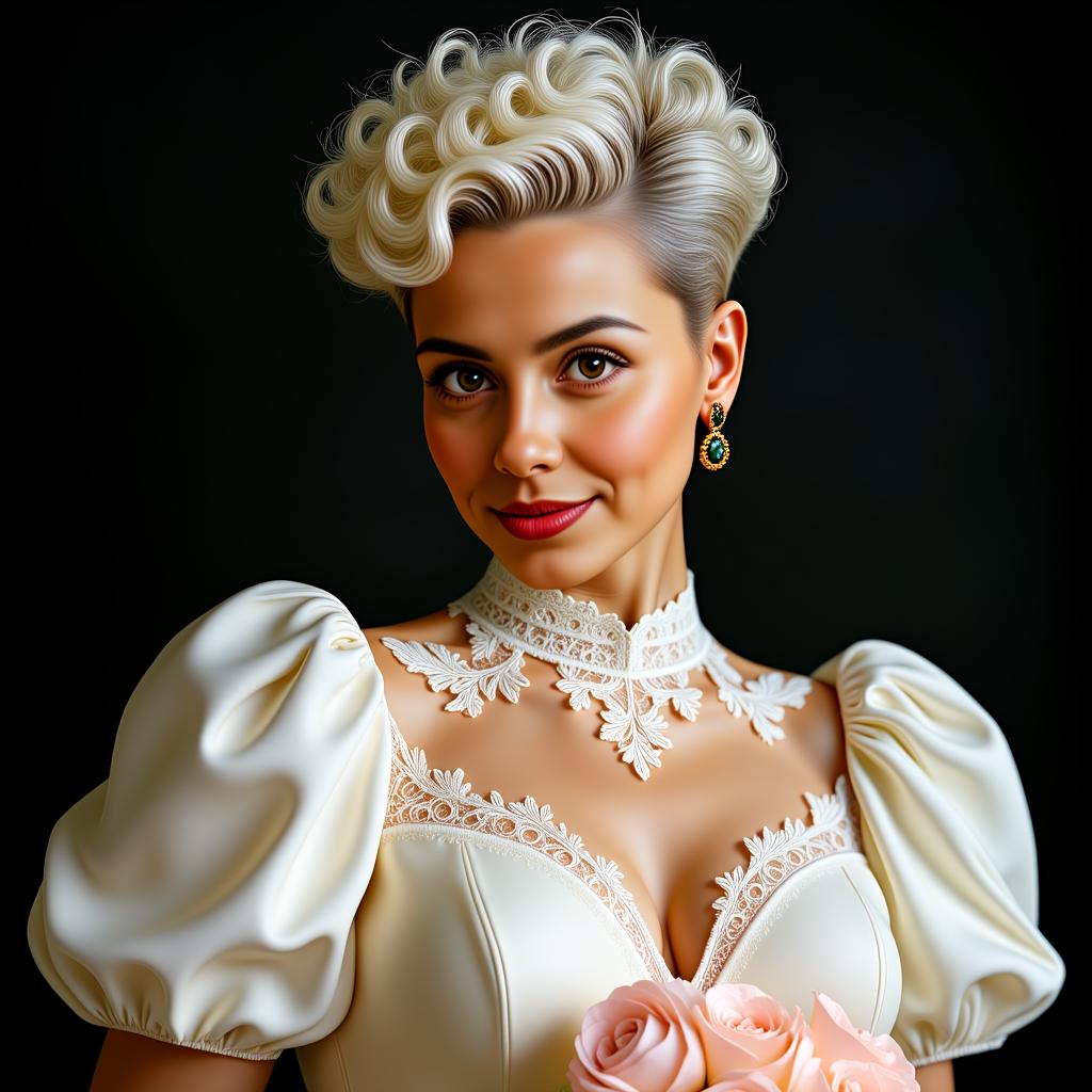 VanessaPixie KiraVerusP1, KiraVerusPixie2, KiraVerusPixie2, , A breathtaking portrait of , a stunning bride with striking white blonde hair styled in a very short permed curls pixie fade haircut, featuring soft bangs. The fade begins with the shortest length at the nape of the neck and sides, gradually lengthening toward the top, creating a dynamic and textured look with intricate curl details. She is adorned in an iconic white wedding dress from the 1980s, characterized by dramatic puff sleeves and elaborate lace detailing at the neckline, exuding vintage elegance. Her hands, encased in delicate white gloves, gently cradle a bouquet of soft pink roses, each petal rendered with vivid clarity and lifelike texture. The scene unfolds against a dark photo studio background, with subtle, indirect lighting that casts gentle highlights across her hair and dress, while soft shadows add depth and a romantic, nostalgic mood. The composition centers KiraVerusPixie as the focal point, captured from a slightly low angle to emphasize her commanding presence and the grandeur of her attire, framed tightly to showcase the meticulous details of her hairstyle, lace patterns, and floral bouquet. The overall atmosphere is dreamy and timeless, imbued with a warm, intimate ambiance reminiscent of classic bridal portraiture. Painted in the style of Artgerm, this image combines hyper-detailed realism with smooth gradients, ethereal beauty, and a touch of fantasy elegance, achieved through advanced digital painting techniques, highlighting flawless skin textures, intricate fabric folds, and a luminous, otherworldly glow.
