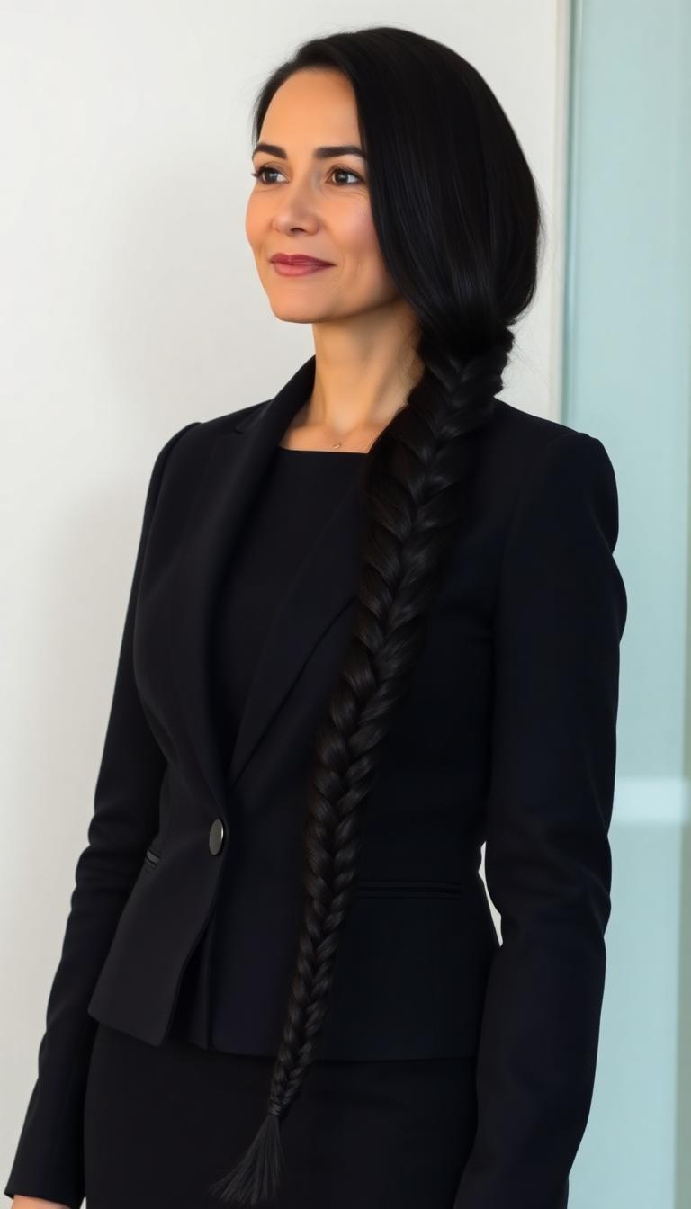 Tall, thin mature woman in her mid 40s. Long black hair, bound in a neat braid to her waist. Dressed in a conservative dark business skirtsuit.